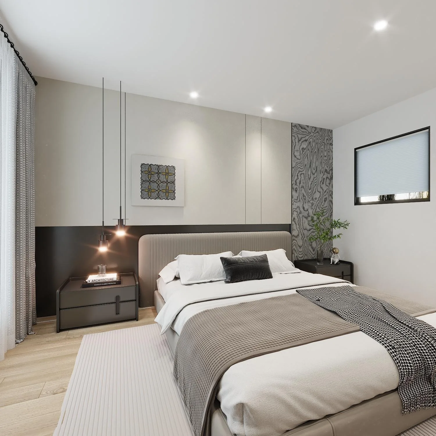 Master suite with dark wood feature wall and layered bedding