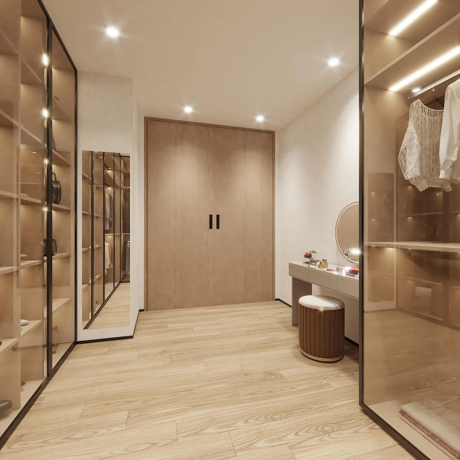 Glass-front walk-in closet with integrated lighting and dressing tables