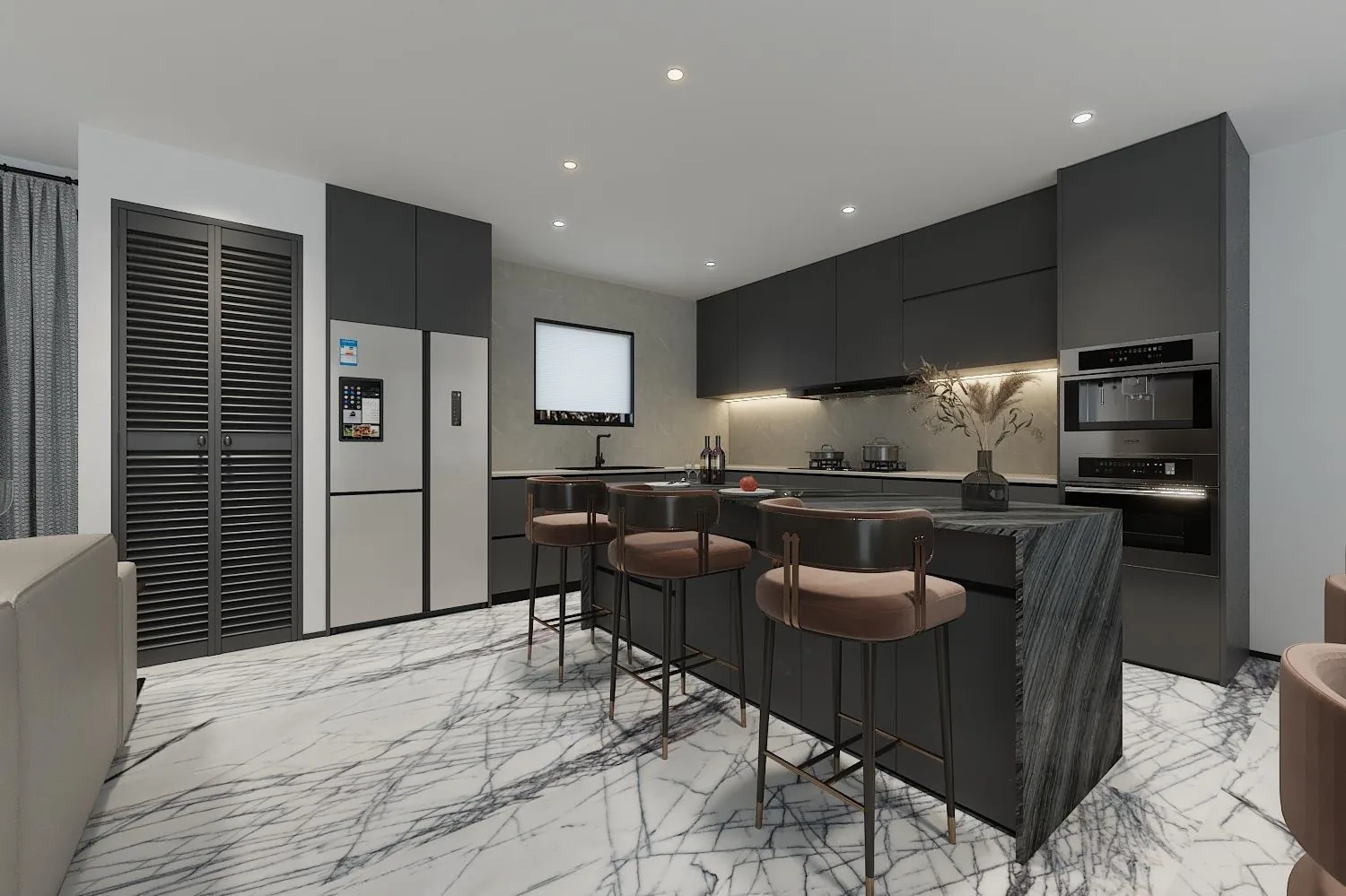 Louvered tall units and stone island with bar seating, villa kitchen