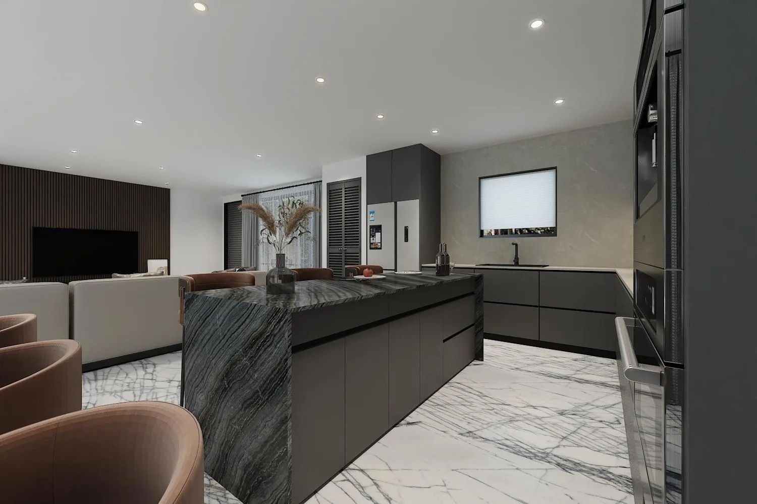 Modern villa kitchen with stone island and louvered tall units, USA