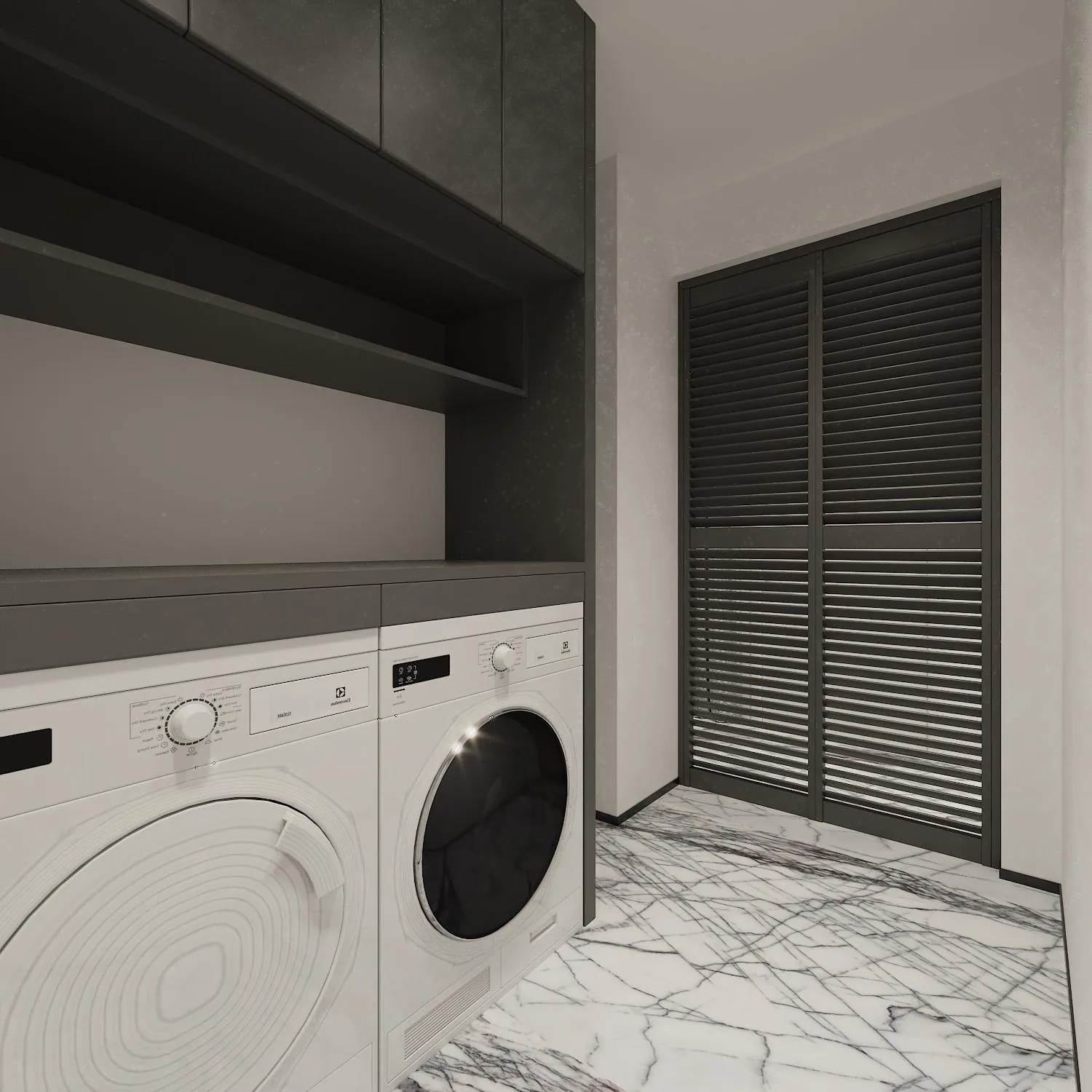 Laundry room with louvered tall units matching the kitchen