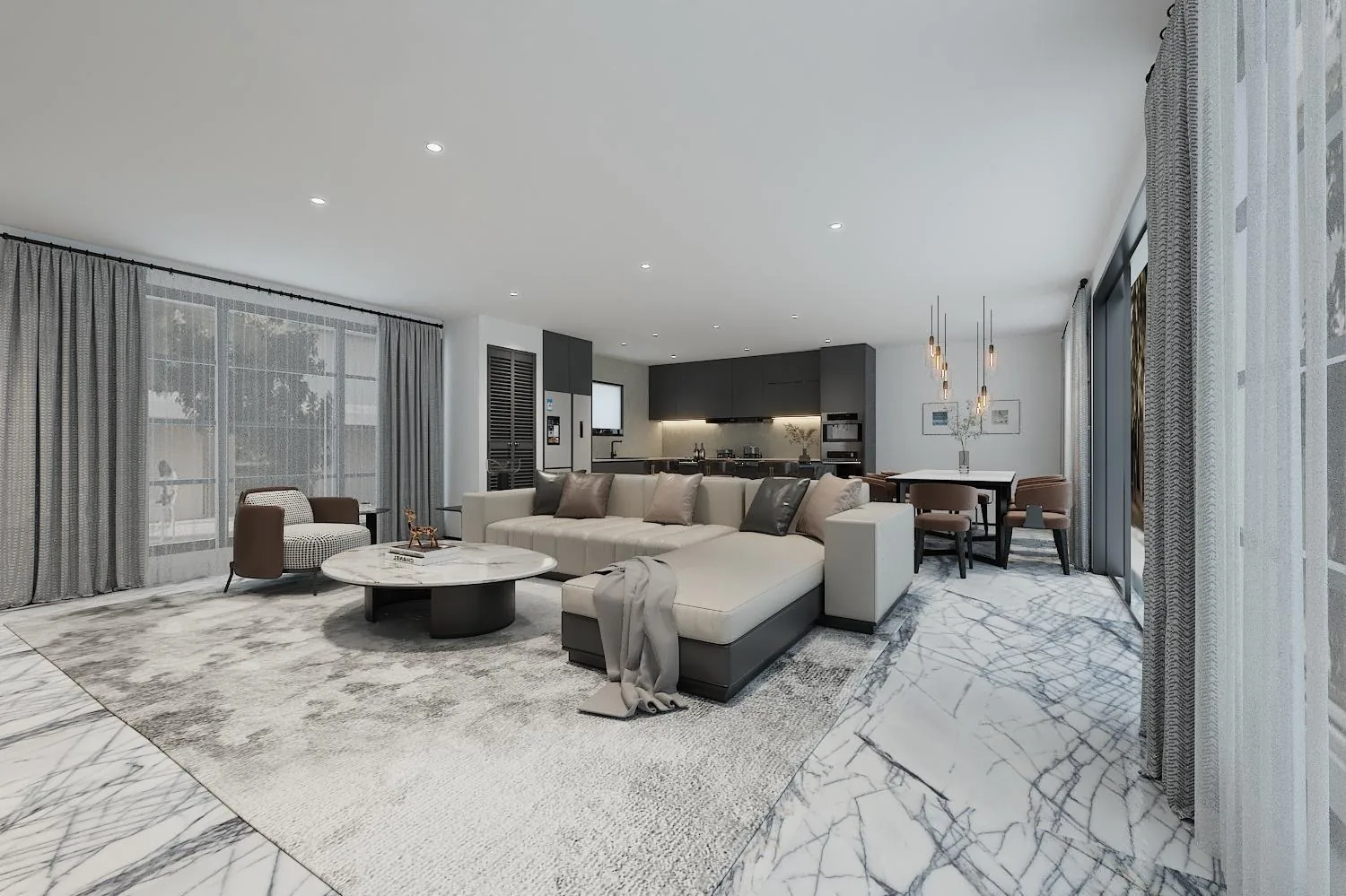 Great room with dark wood TV feature wall, marble floor and full-height storage