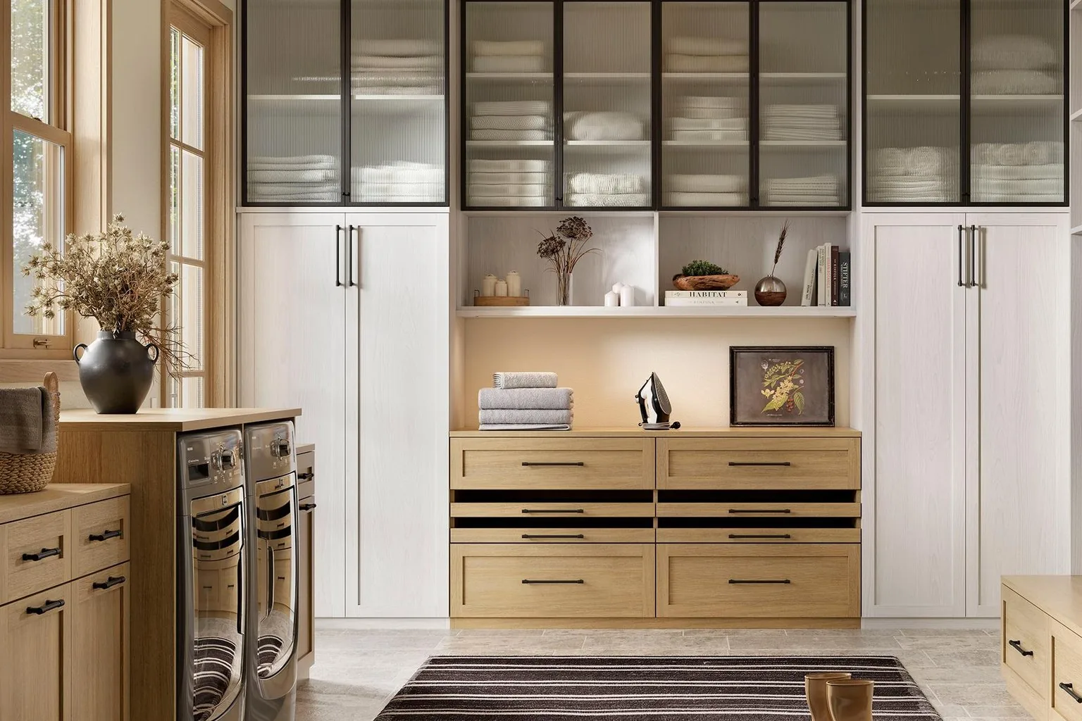 Laundry wall with side-by-side machines and tall cabinet wing, installed