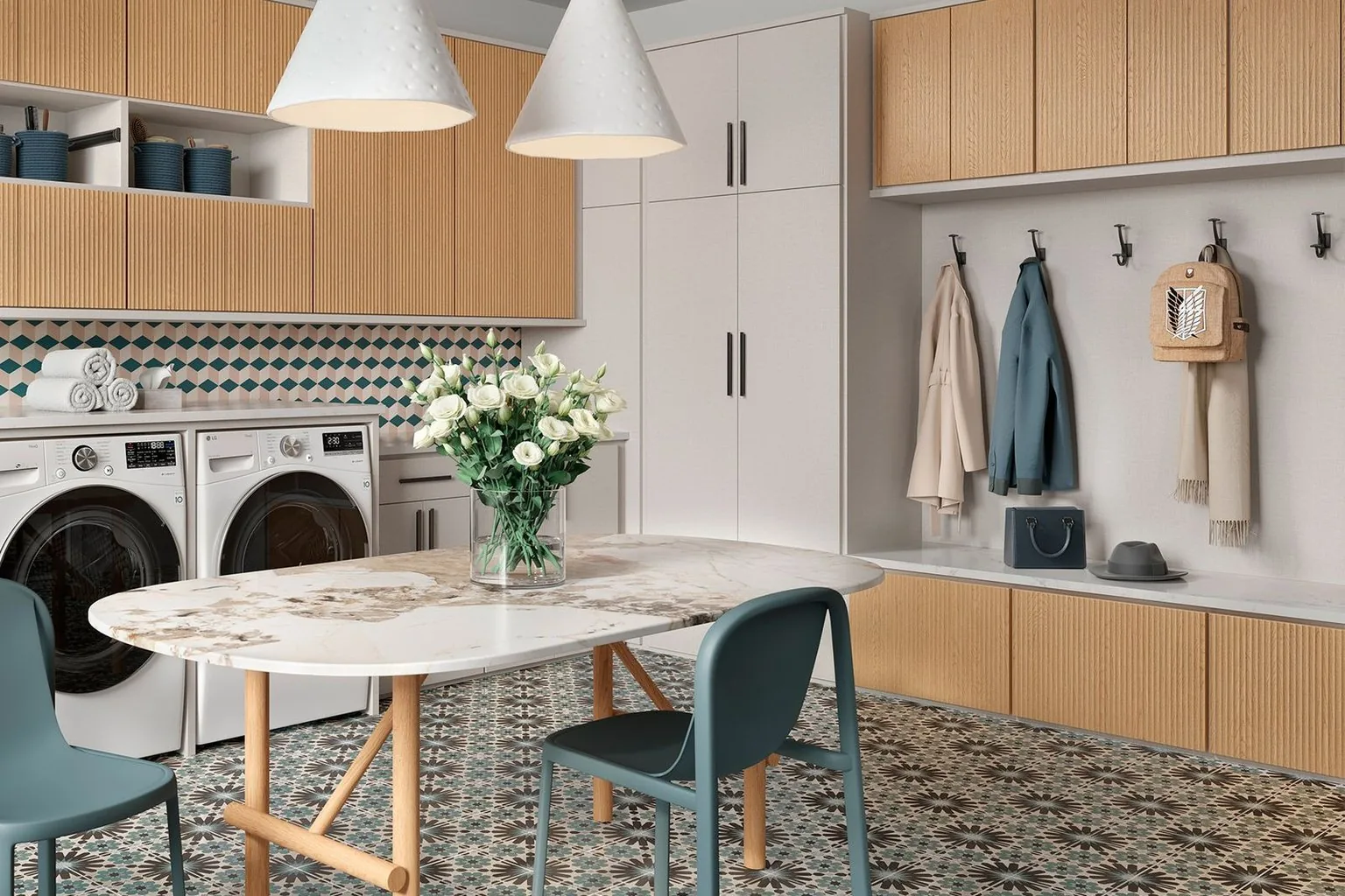 Laundry room with washer-dryer run, marble fold-down and oak uppers