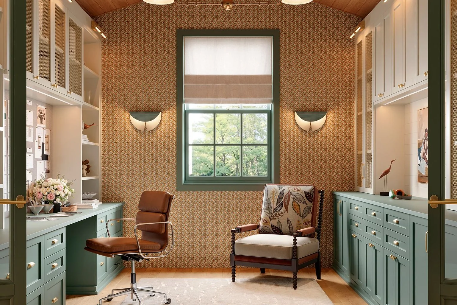 Executive study in deep green shaker with wood paneling