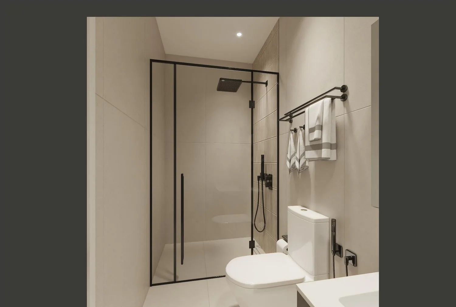 Master bathroom with black-framed glass shower, white wall and towel rail