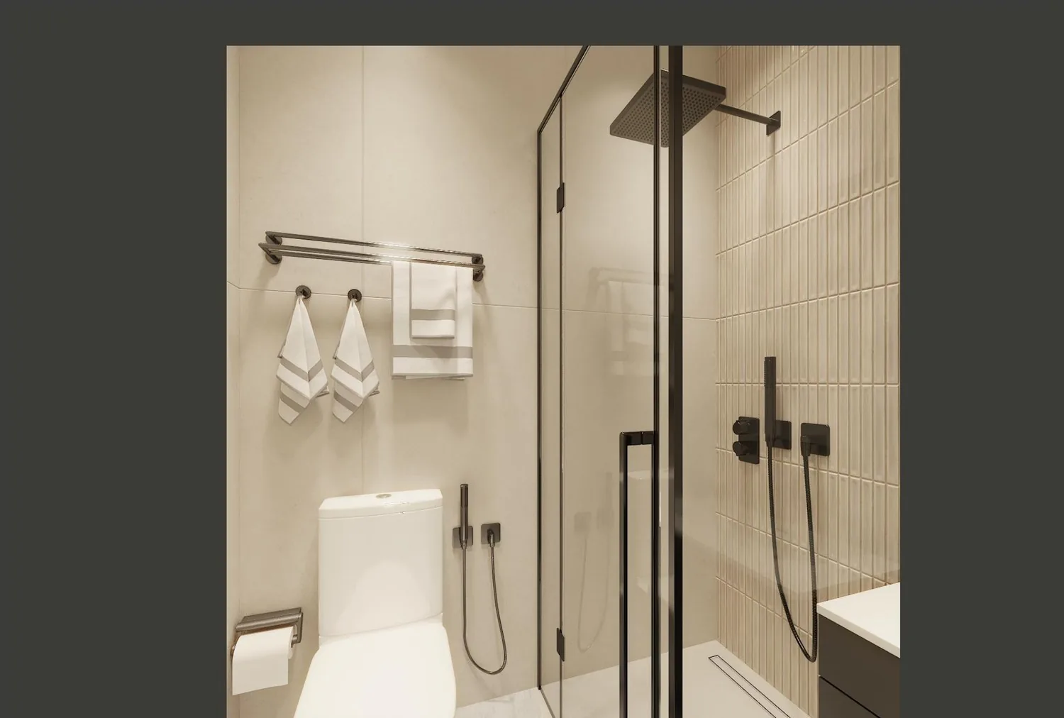 Guest bathroom with towel rail, black-framed shower and the same dark vanity code