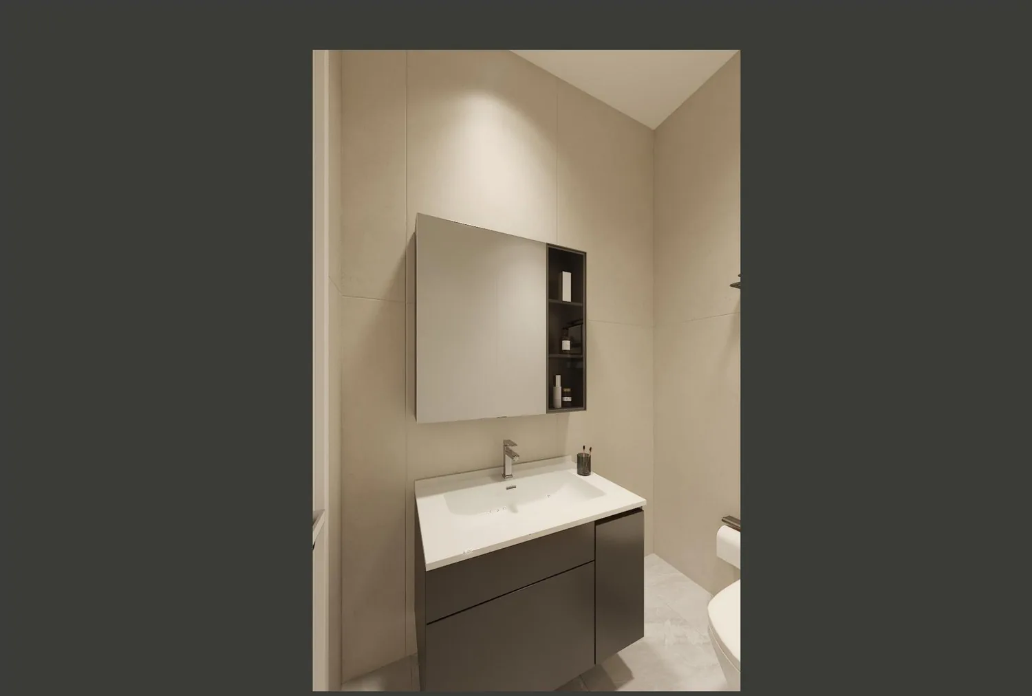 Powder room with a single wall carrying a lit mirror cabinet, dark vanity and white top