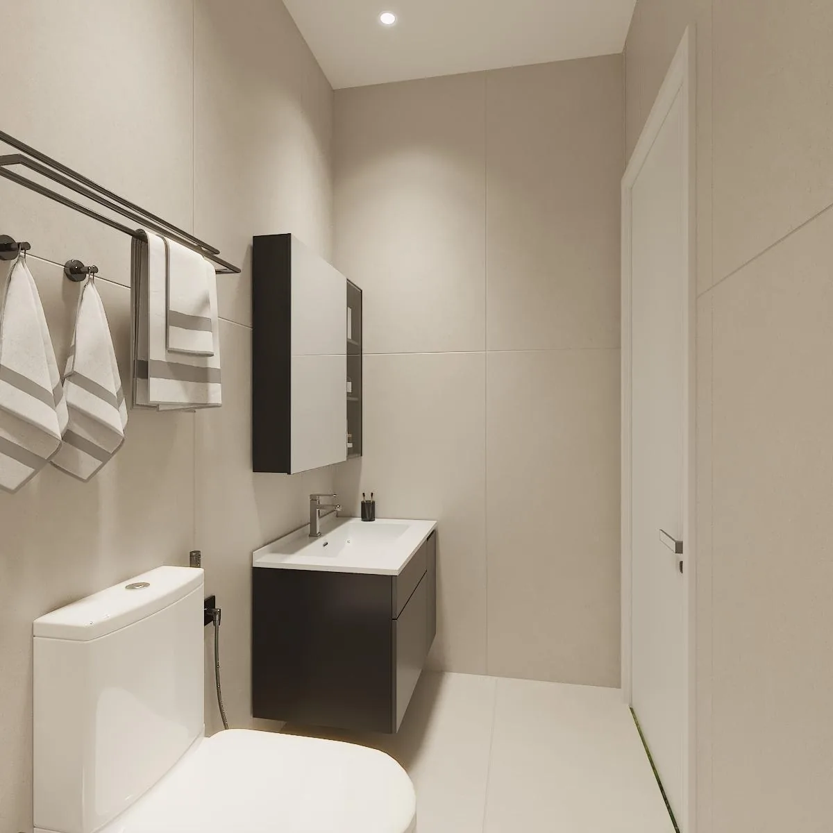 Single-sink floating vanity in a compact bright bath
