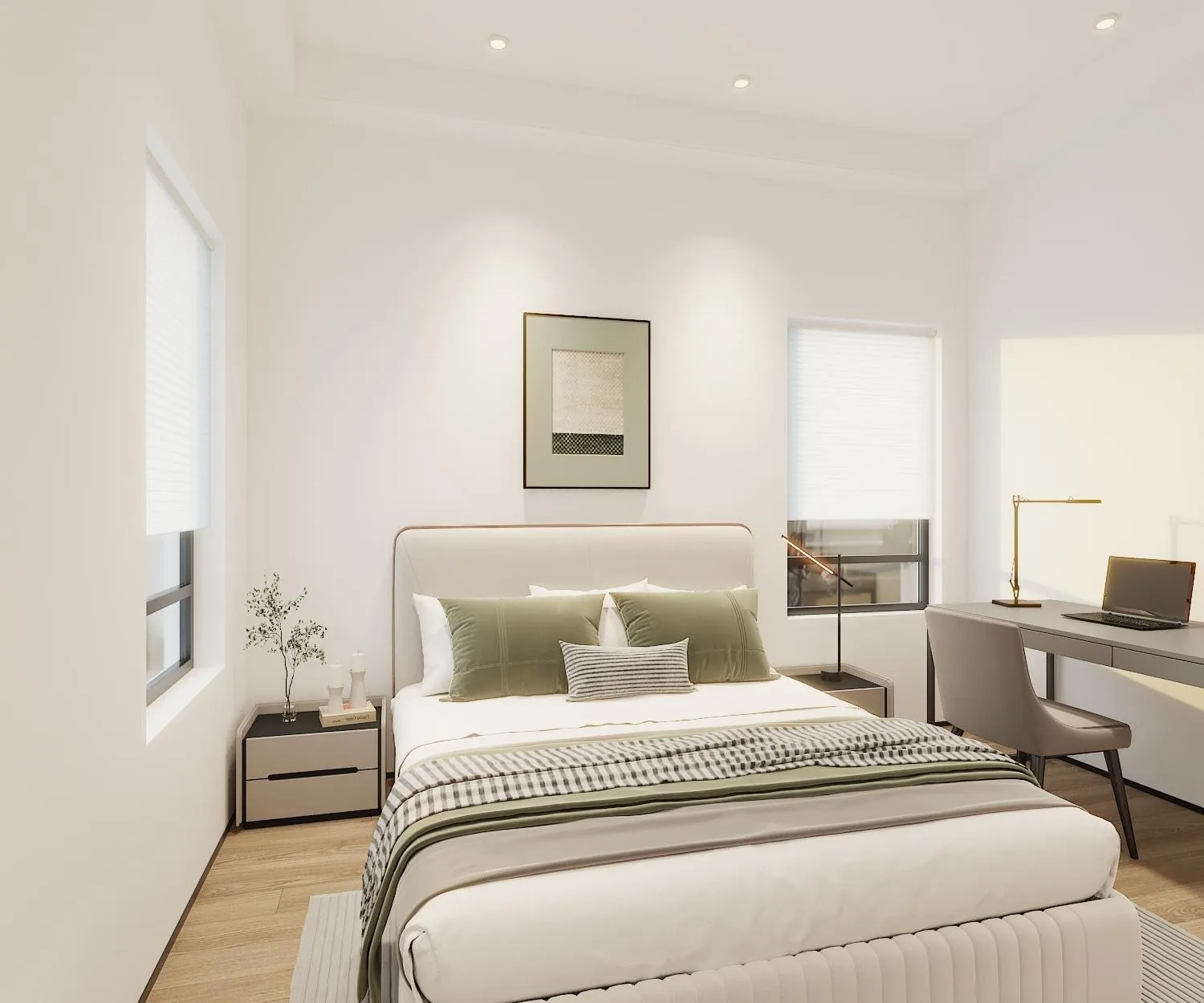 Guest bedroom with desk and green bedding
