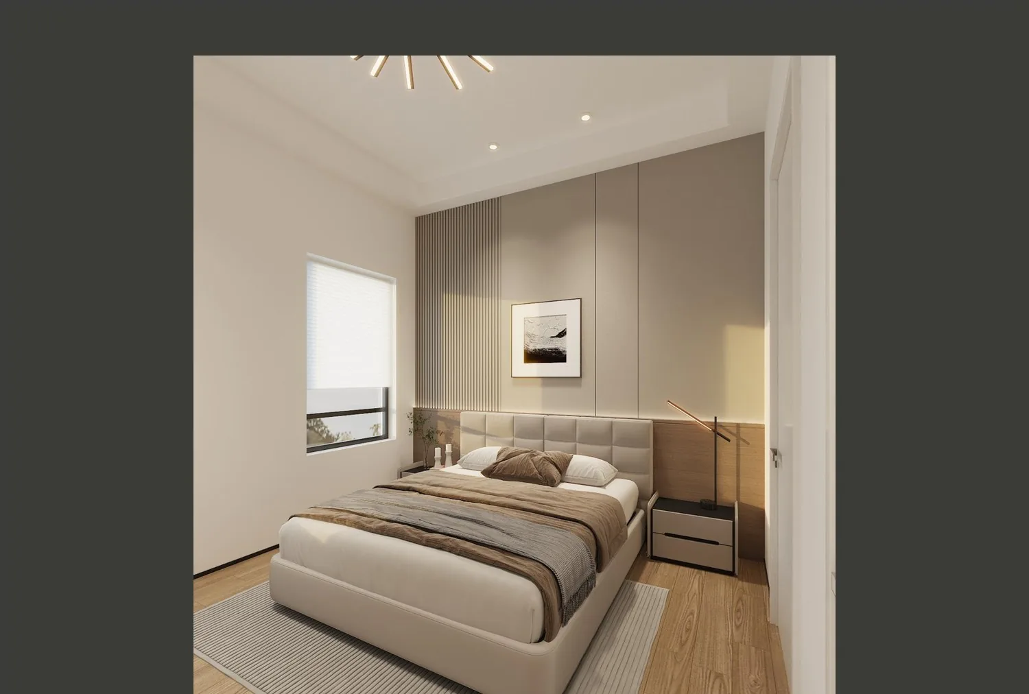 Guest bedroom with taupe bedding, TV wall and starburst ceiling light