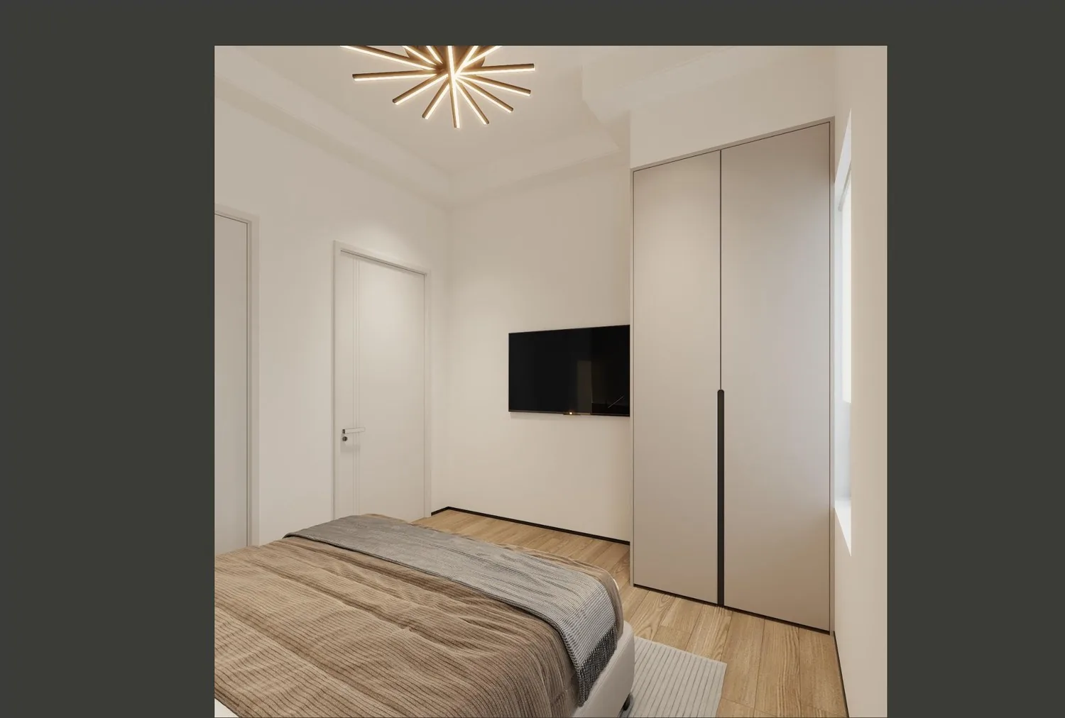 Guest bedroom with large pendant and full-height wardrobe wall