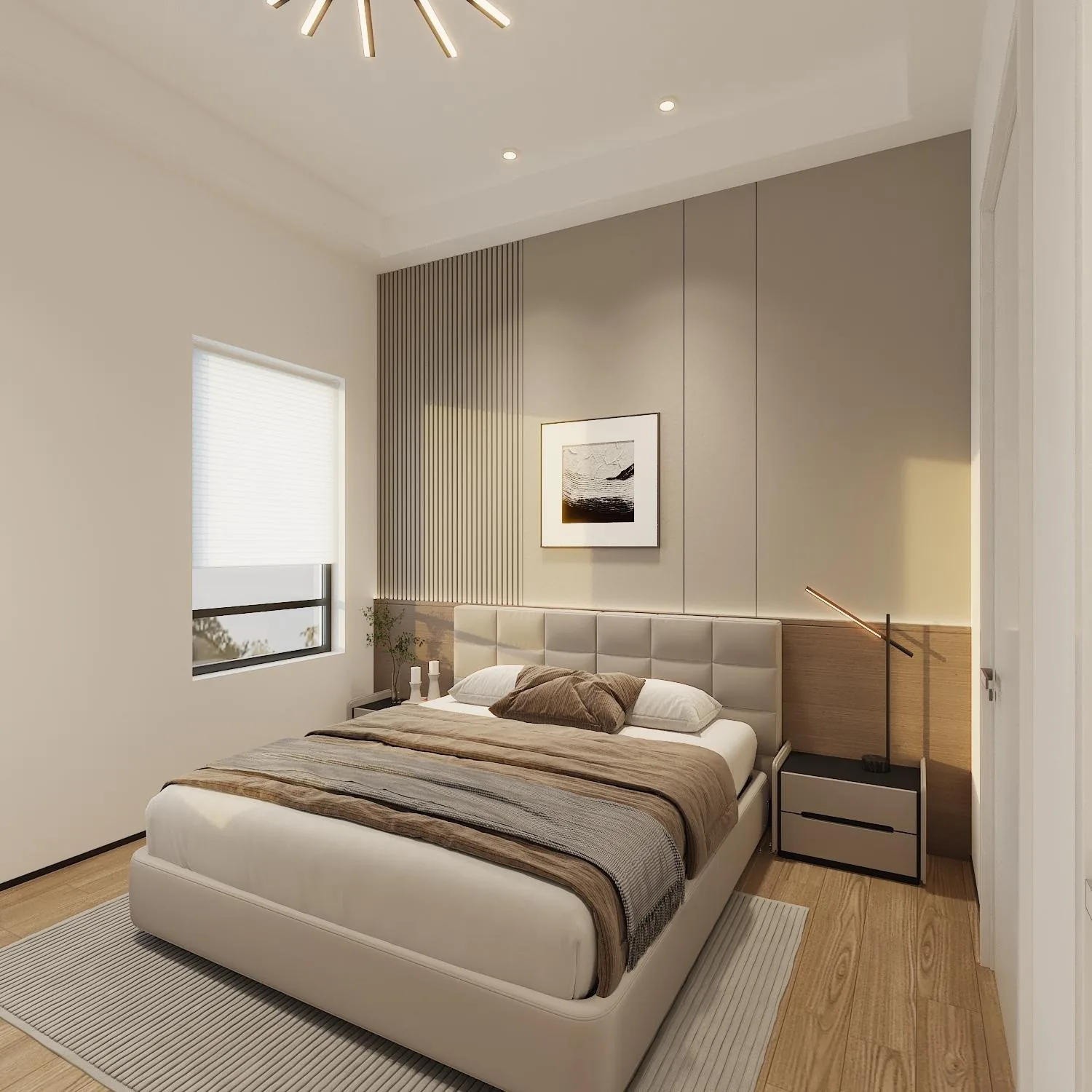 Master bedroom with floor-to-ceiling wardrobe wall and art