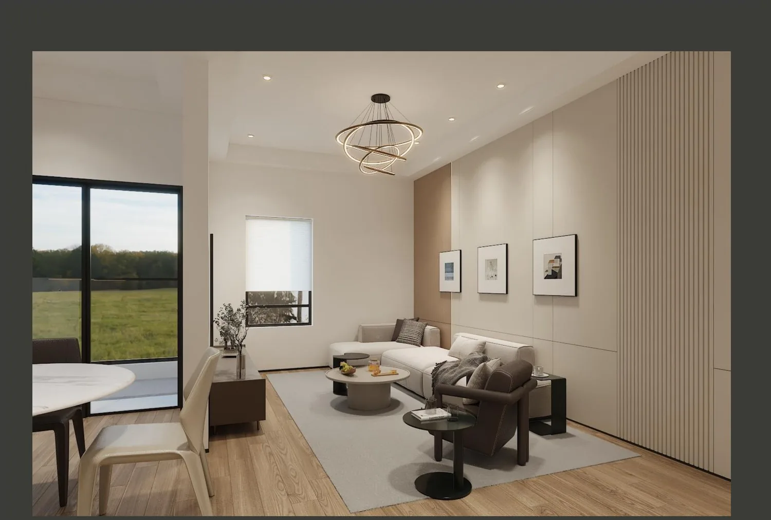 Great room with floor-to-ceiling garden windows, leather chairs and sofa wall