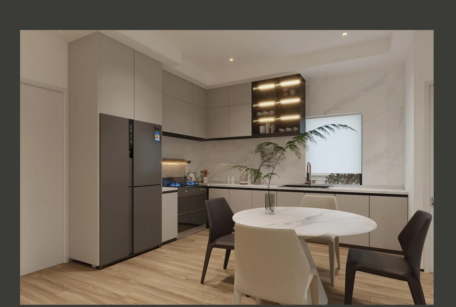Kitchen with gray appliance tower, stone counter and round table
