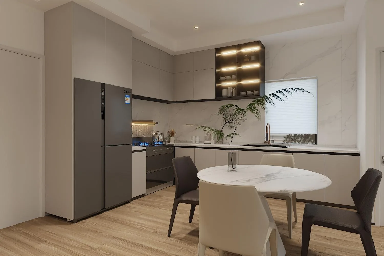 Orlando apartment kitchen with round stone table and fluted feature wall