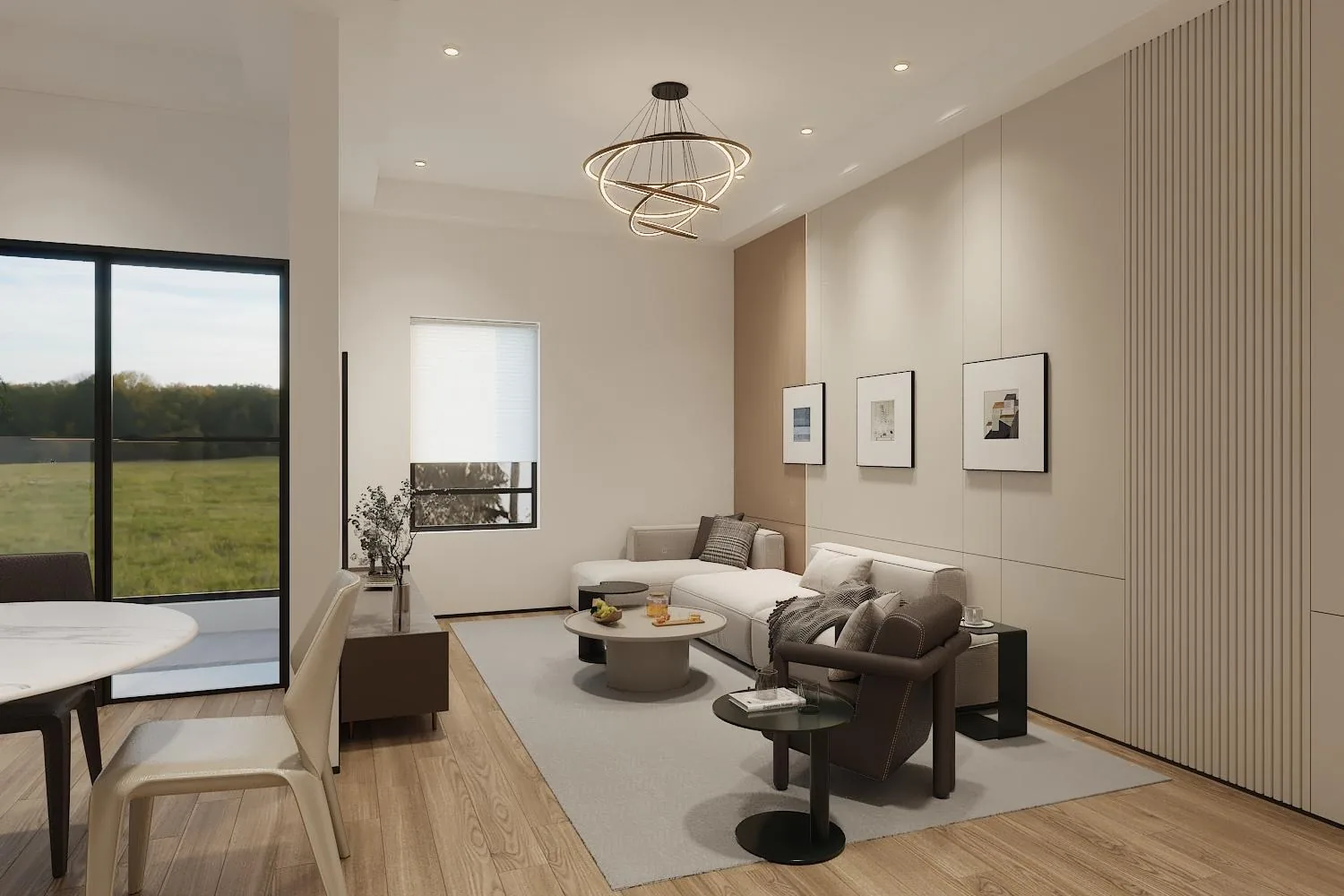 Great room with fluted feature wall, sofa and pendant lighting