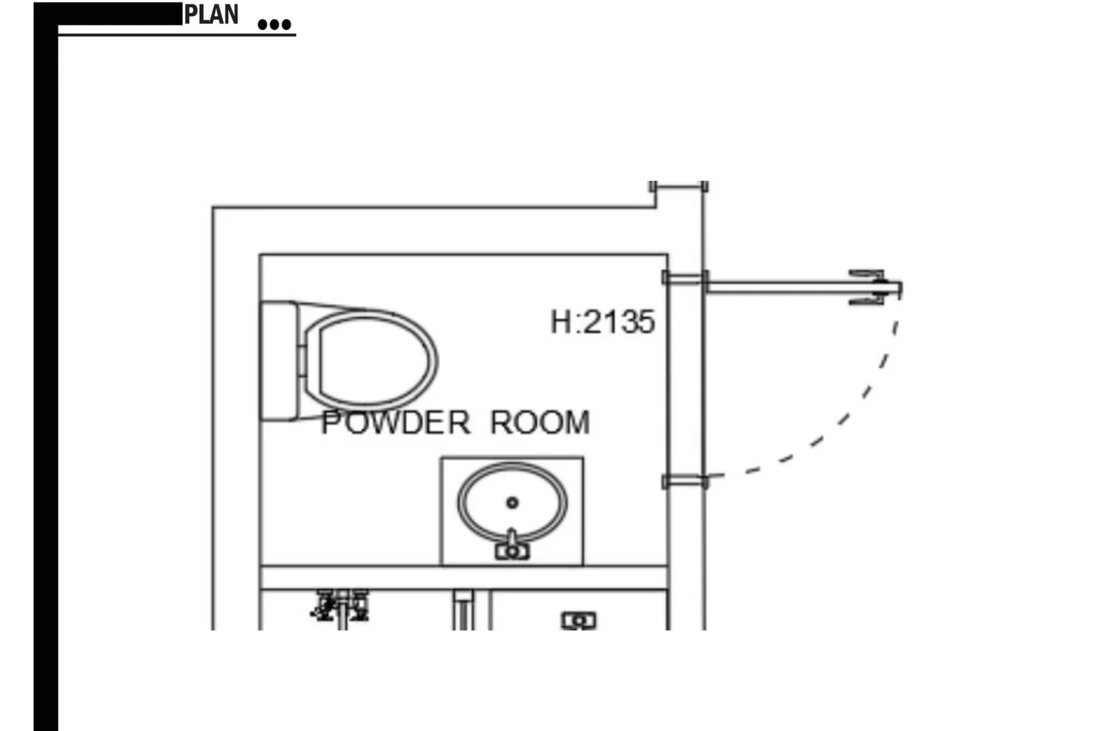 Powder room plan of the Orlando apartment with door swing and height datum