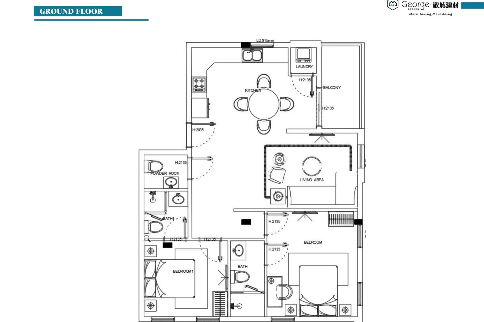 Ground floor plan of the Orlando apartment - open kitchen, dining, living, two bedrooms, powder room