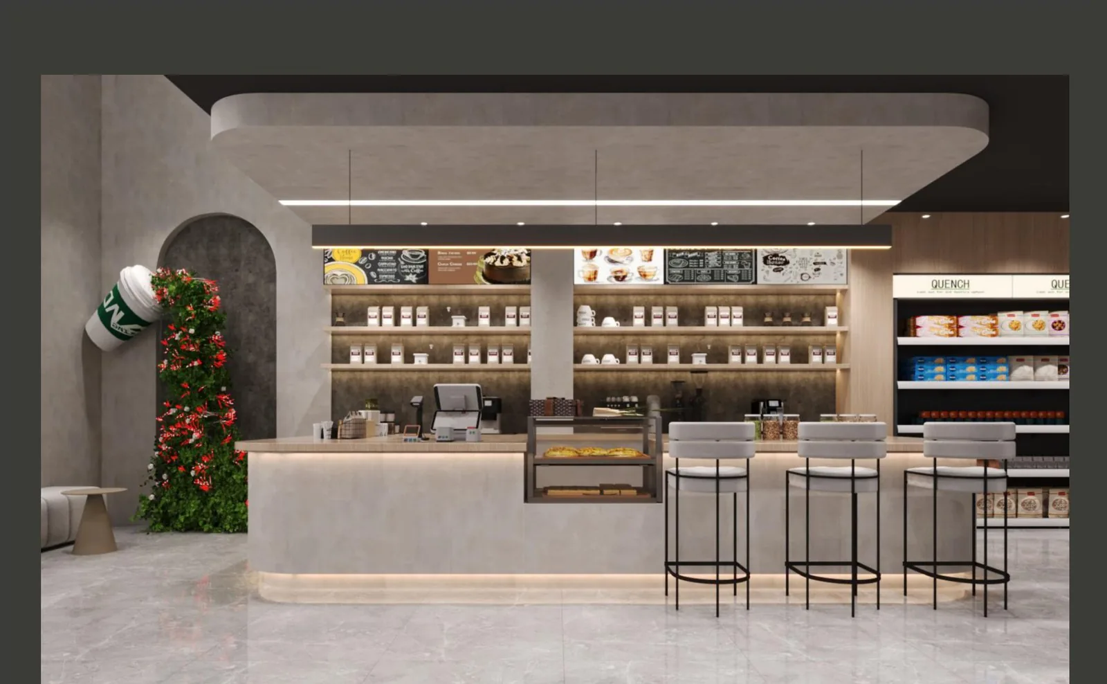 Supermarket interior with long display wall and service counter