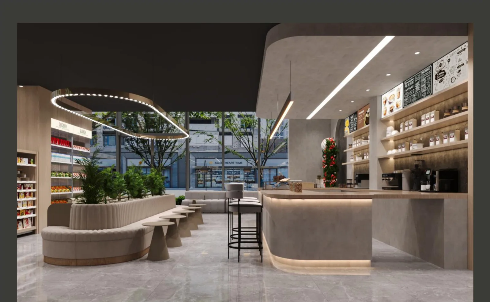Supermarket aisle with long display run and curved counter