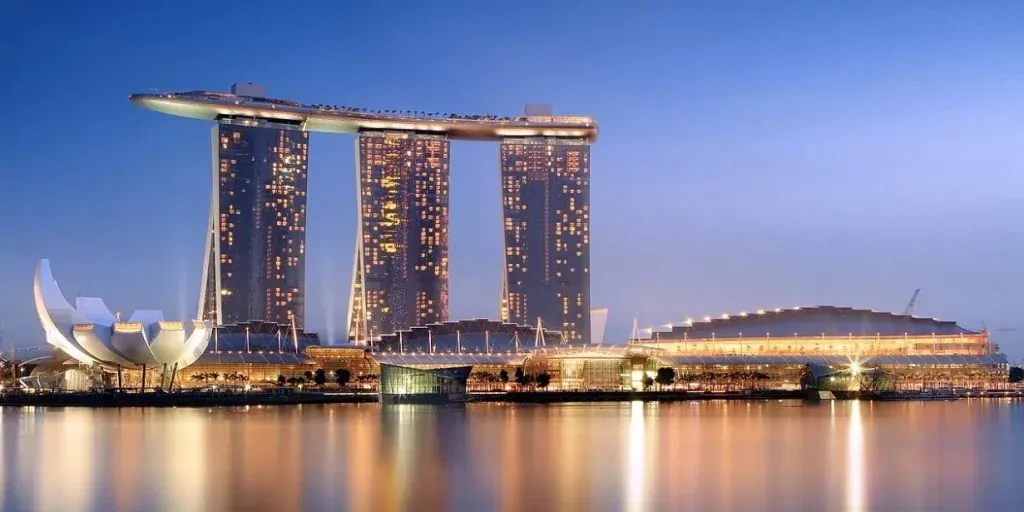 Marina Bay waterfront shopping center at night