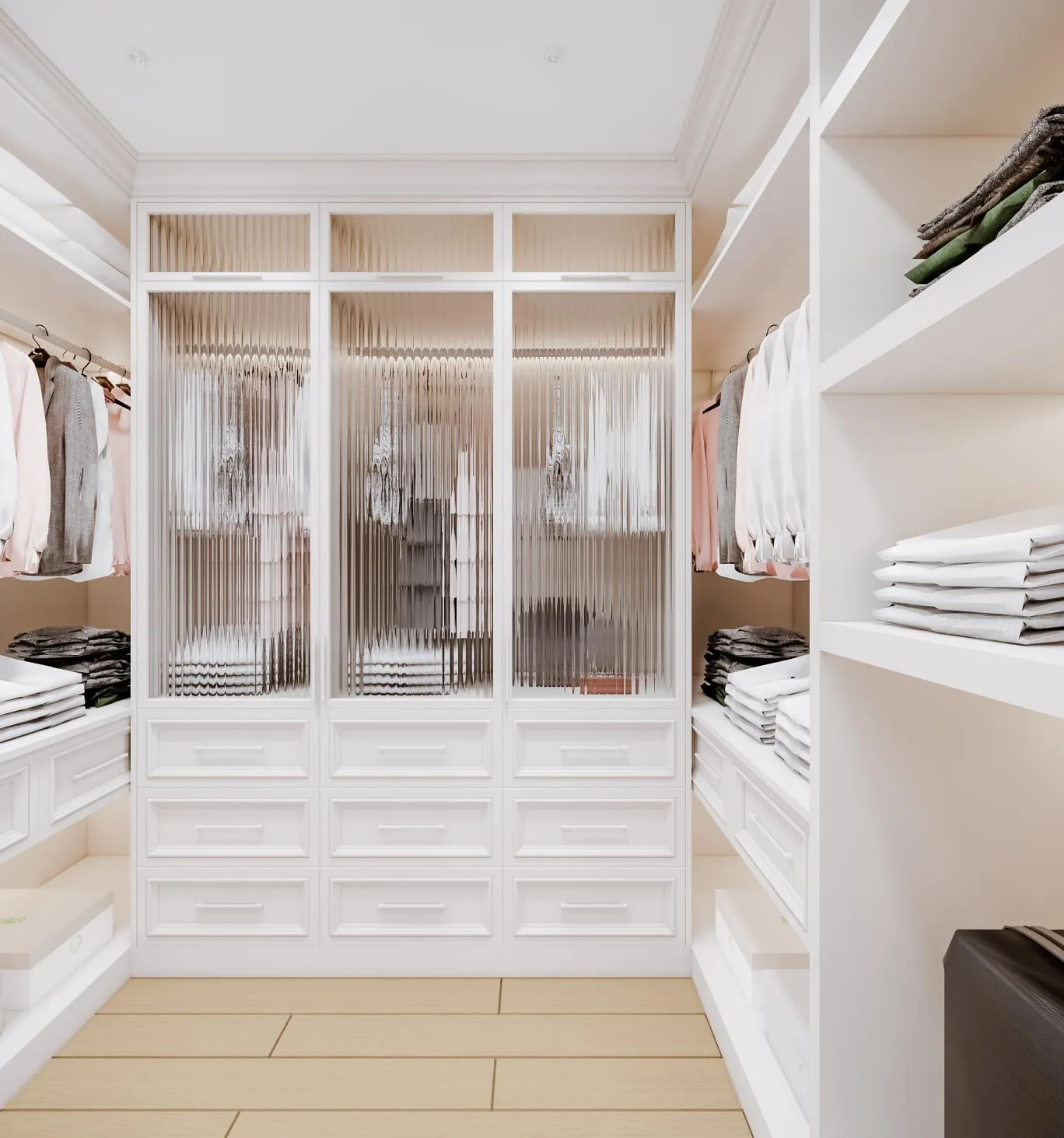 White walk-in wardrobe with glass doors, US residence