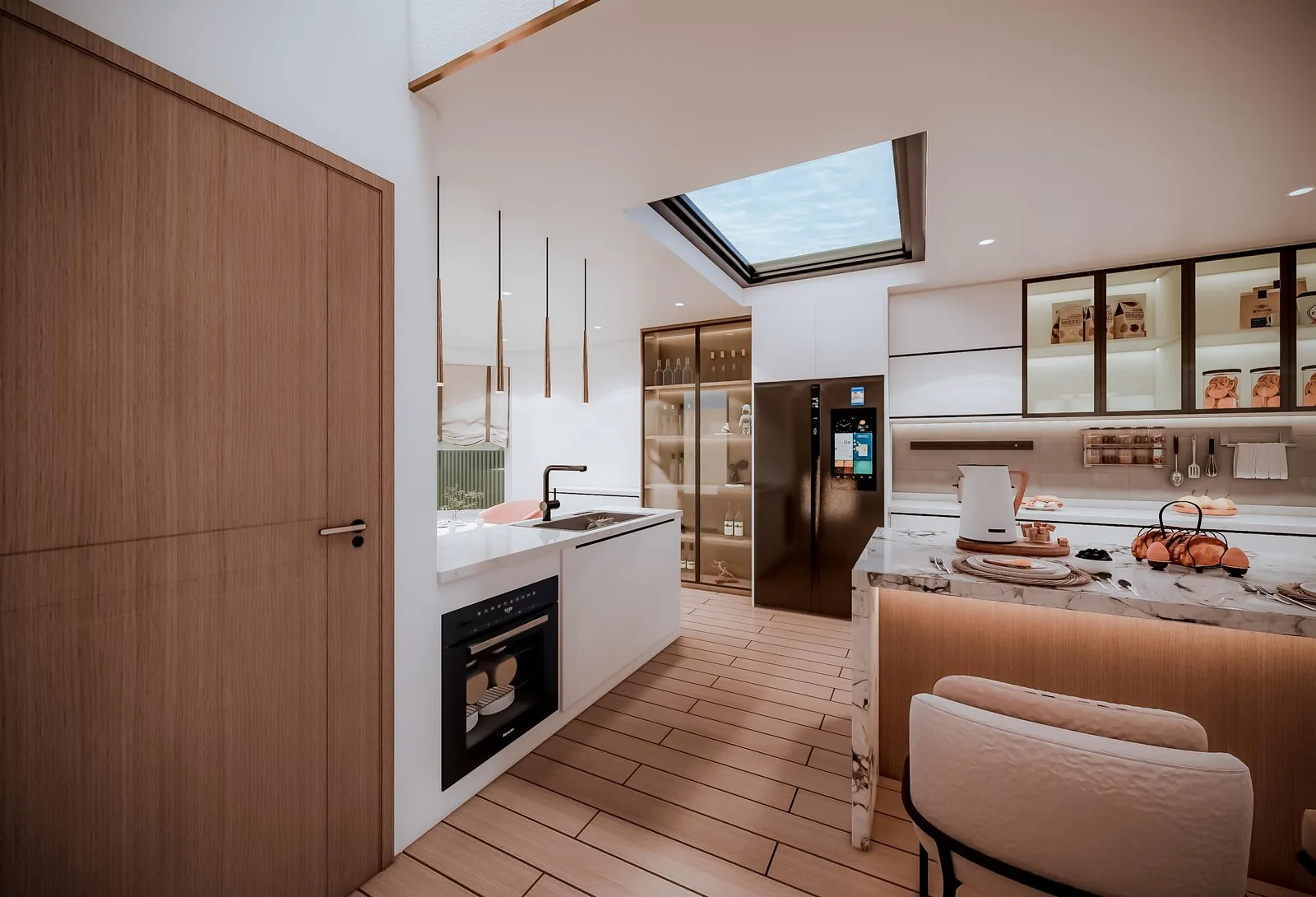 Kitchen under the skylight, white cabinetry, US residence