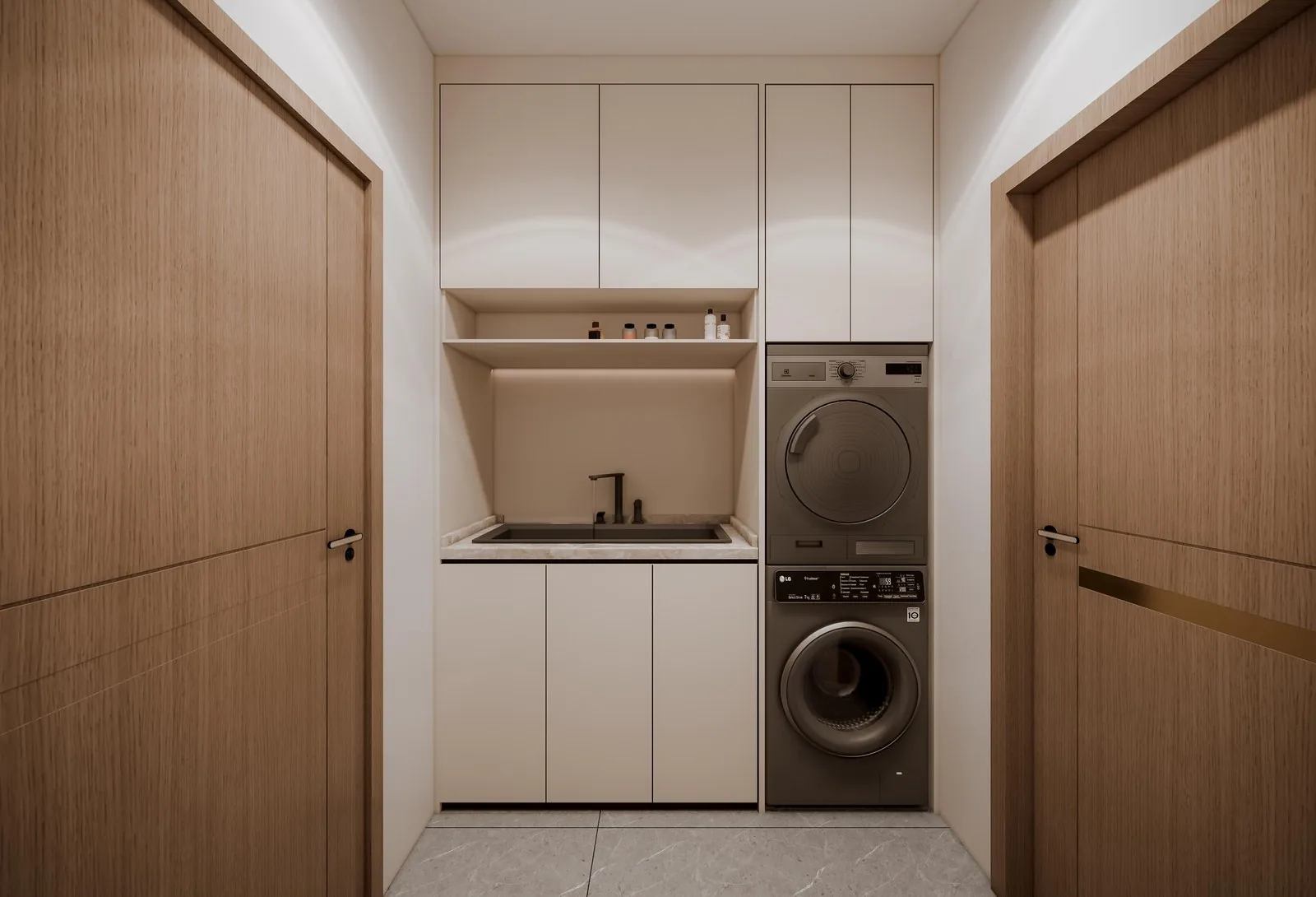 Laundry room with stacked units, US residence