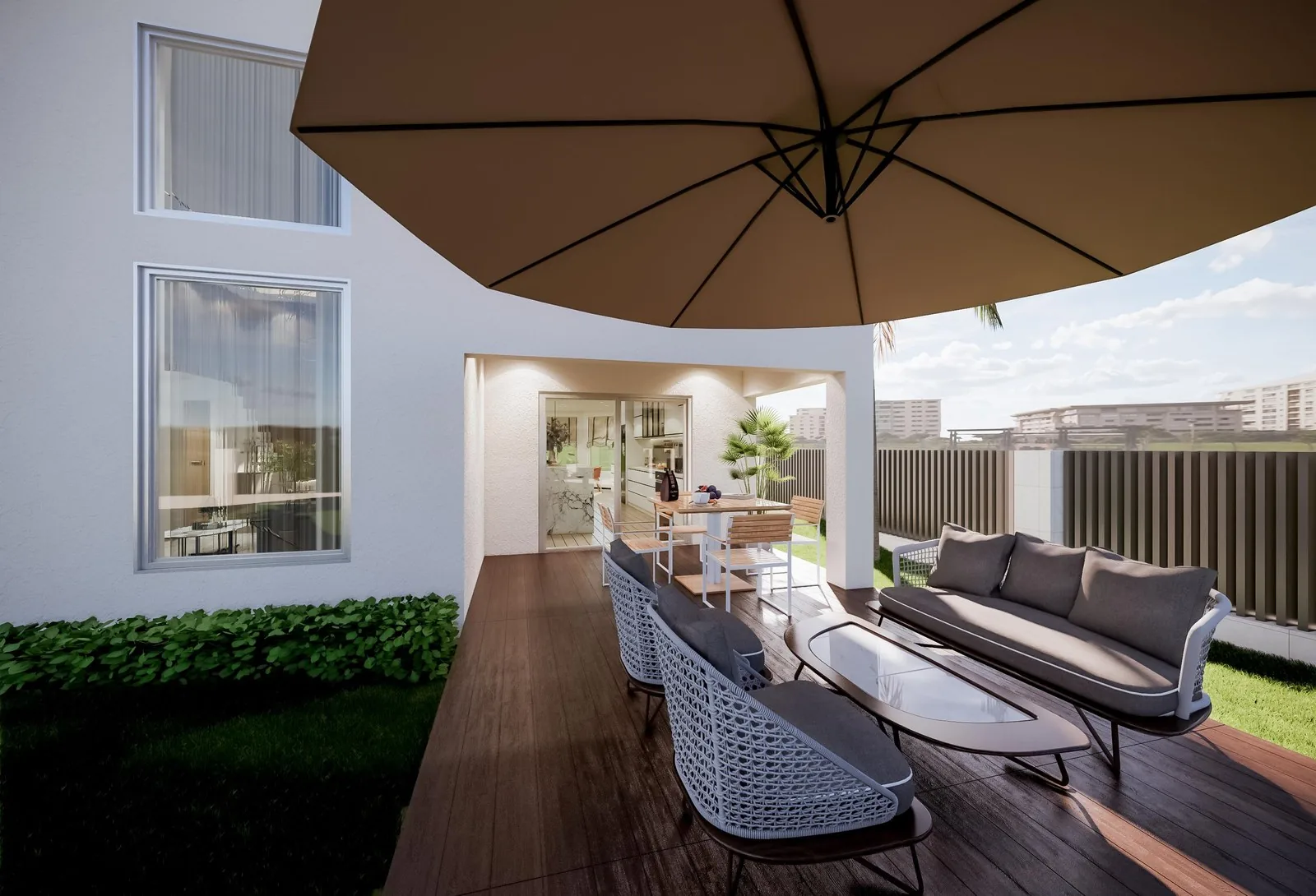 Outdoor dining terrace with parasol, US residence
