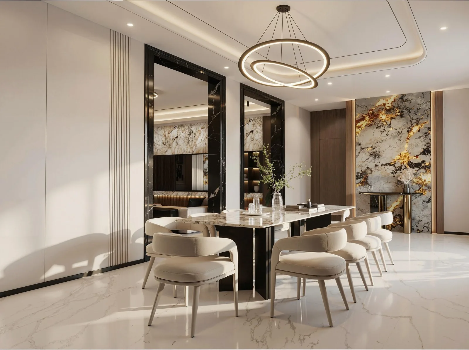 Dining room with long table and marble wall, Texas