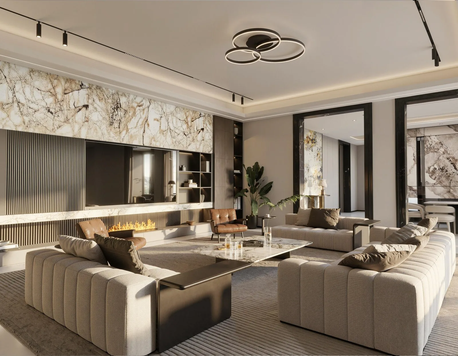Living room with marble wall and curved sofas, Texas