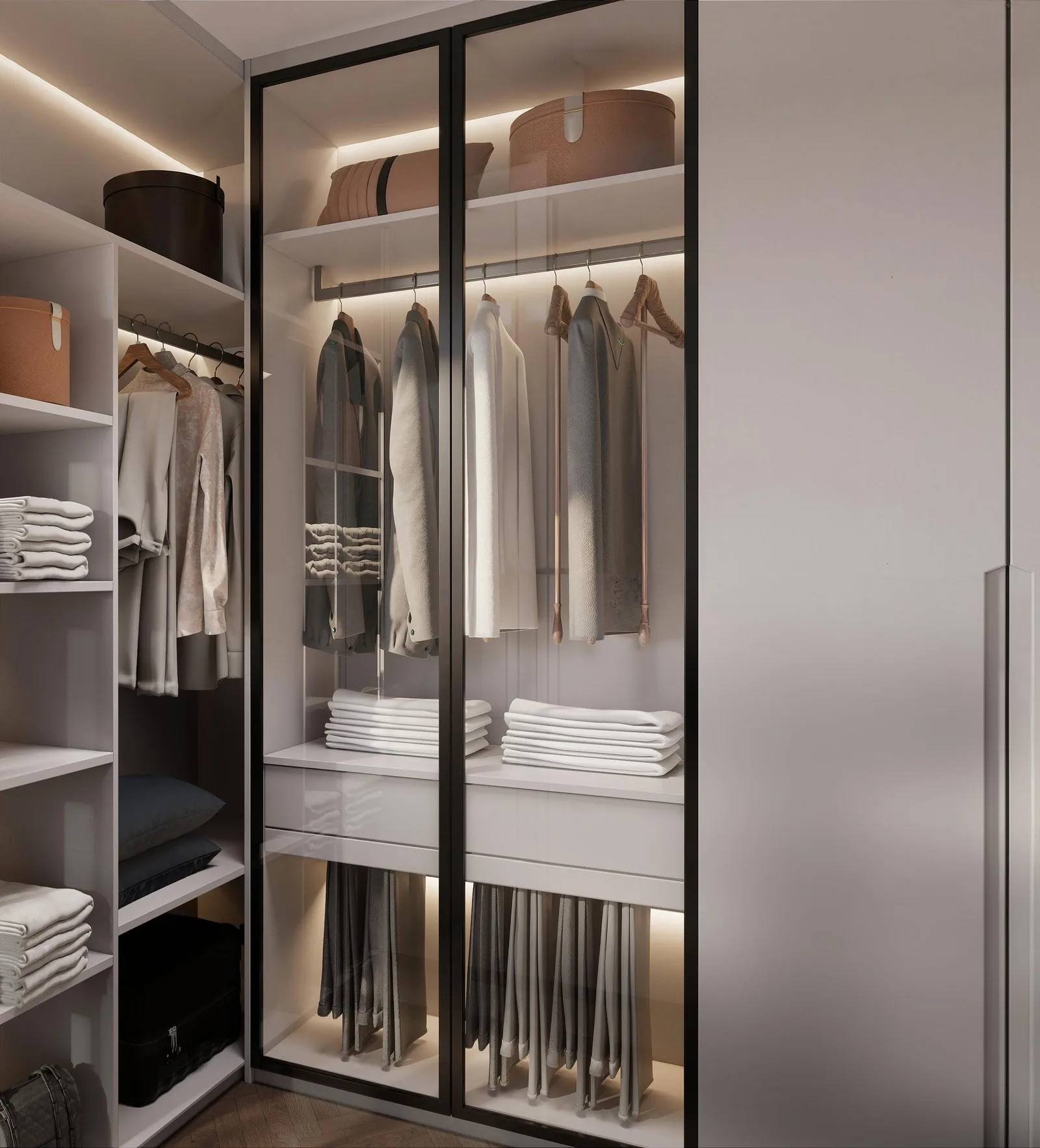 Walk-in closet with glass doors and lit shelving, Texas