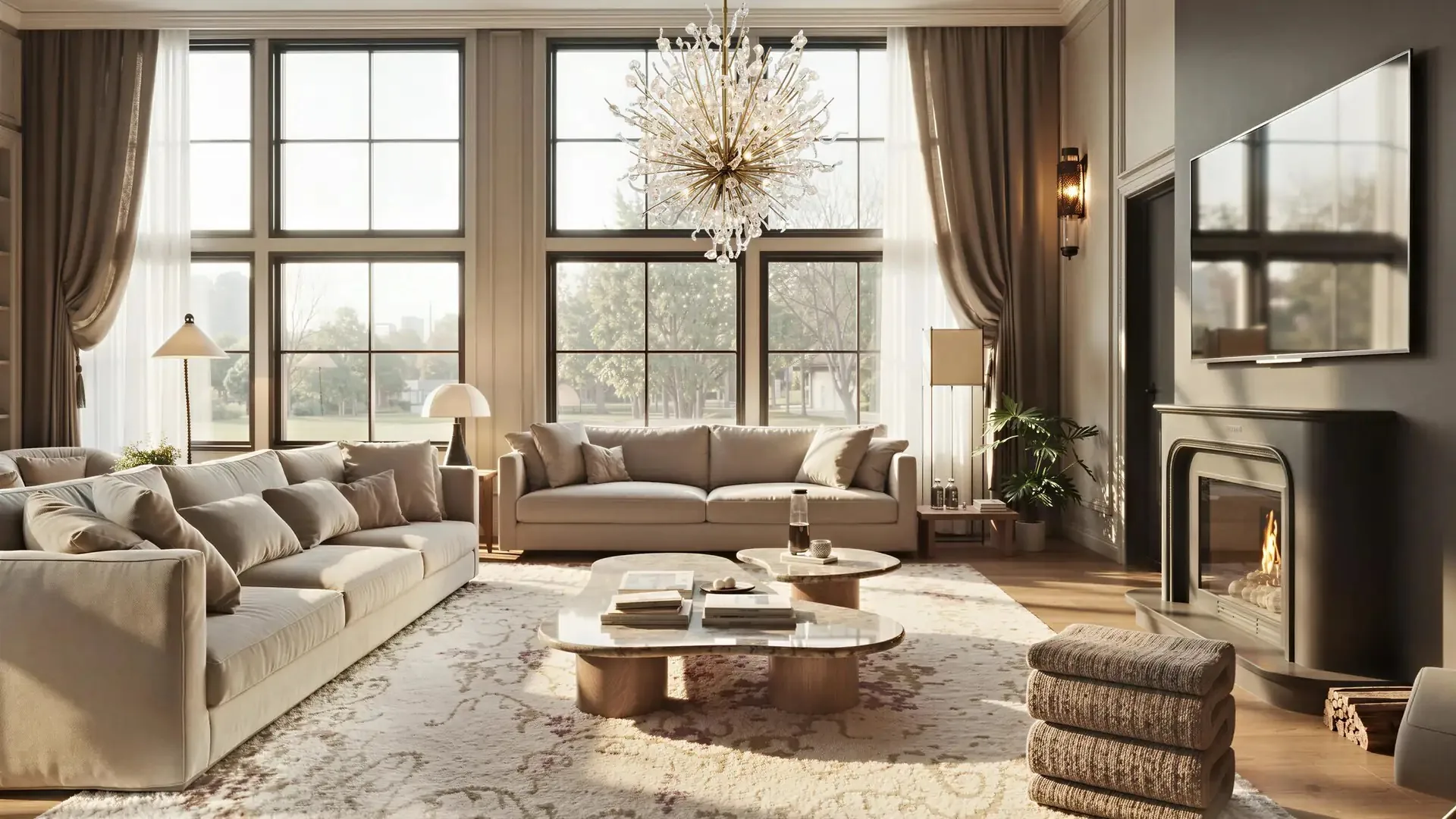 Great room of a modern transitional house in the UK