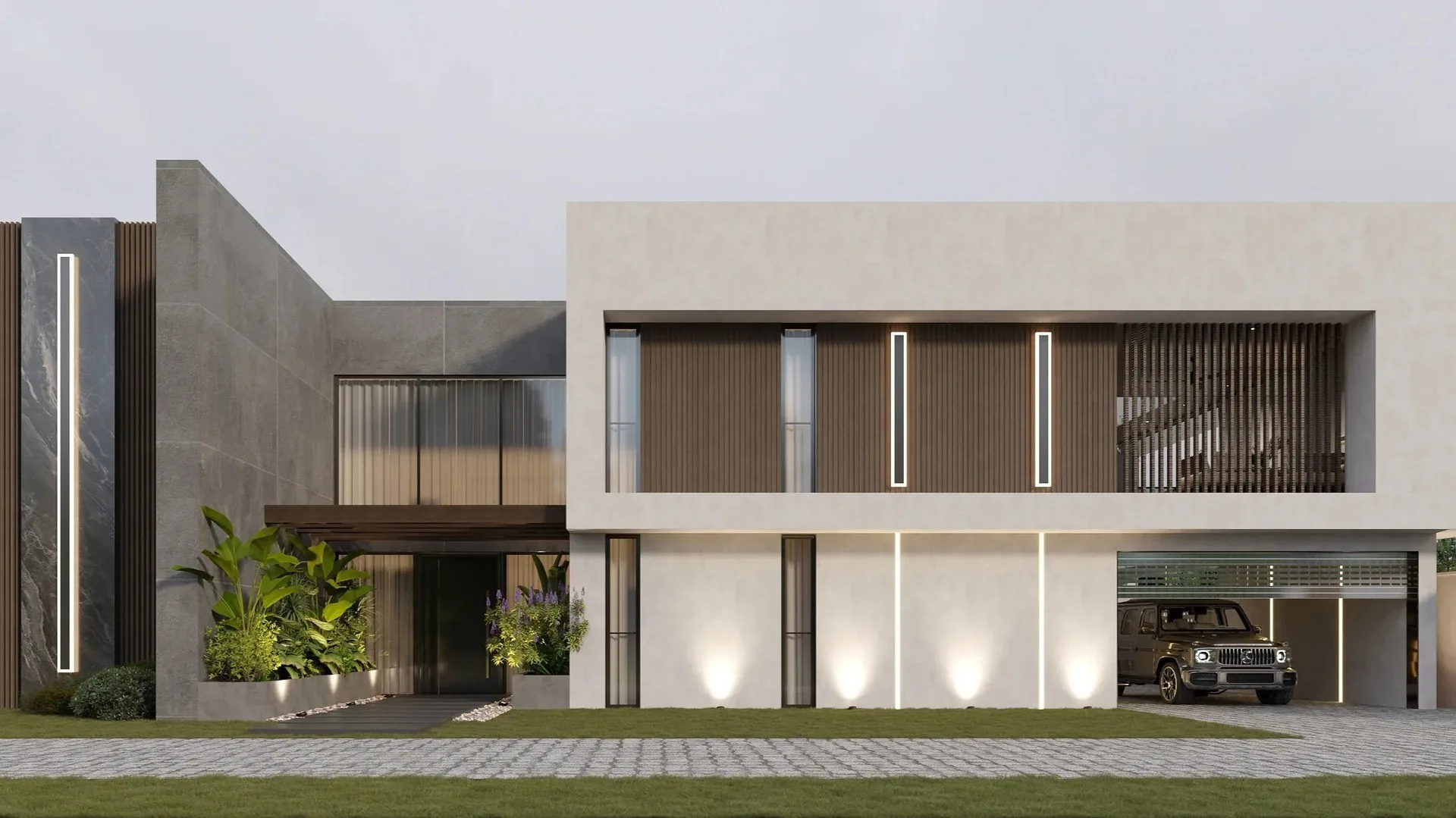 Modern luxury villa exterior with driveway, Texas