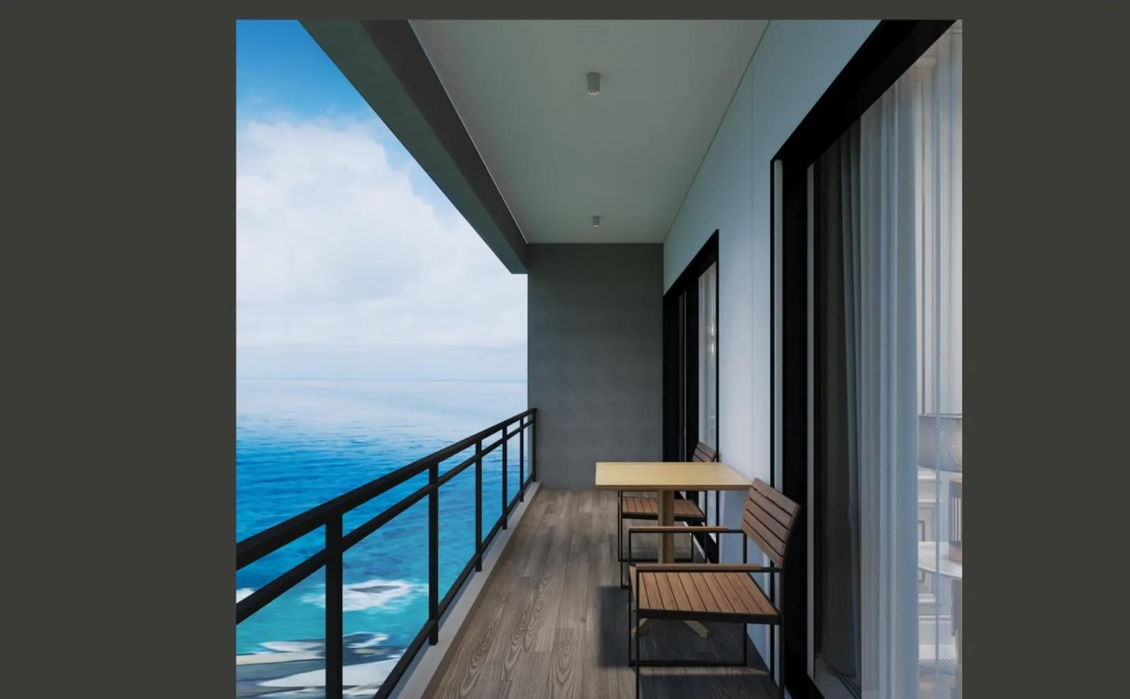 Hotel balcony with oak deck and sea view
