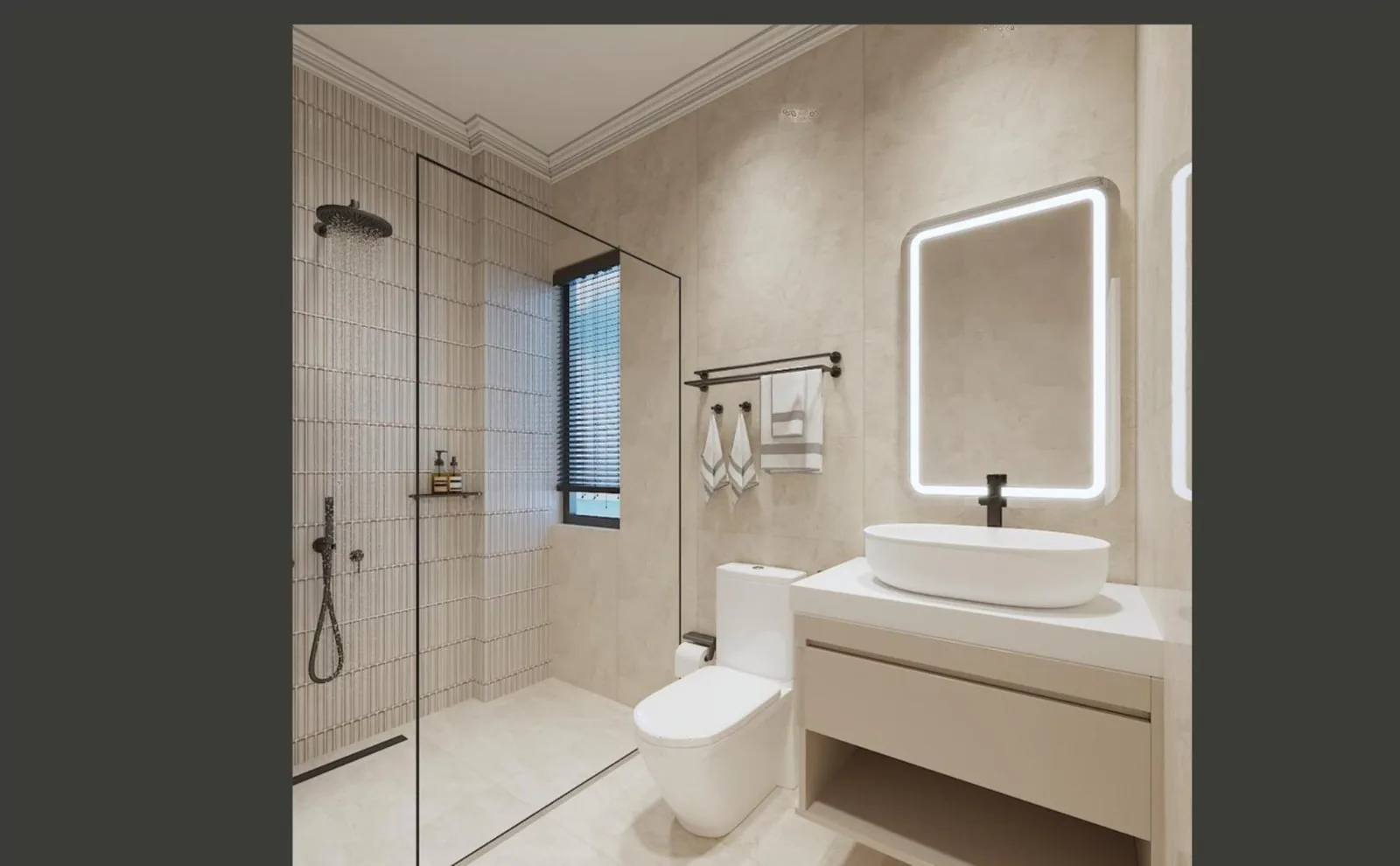 Hotel guest bathroom with backlit mirror and glass shower