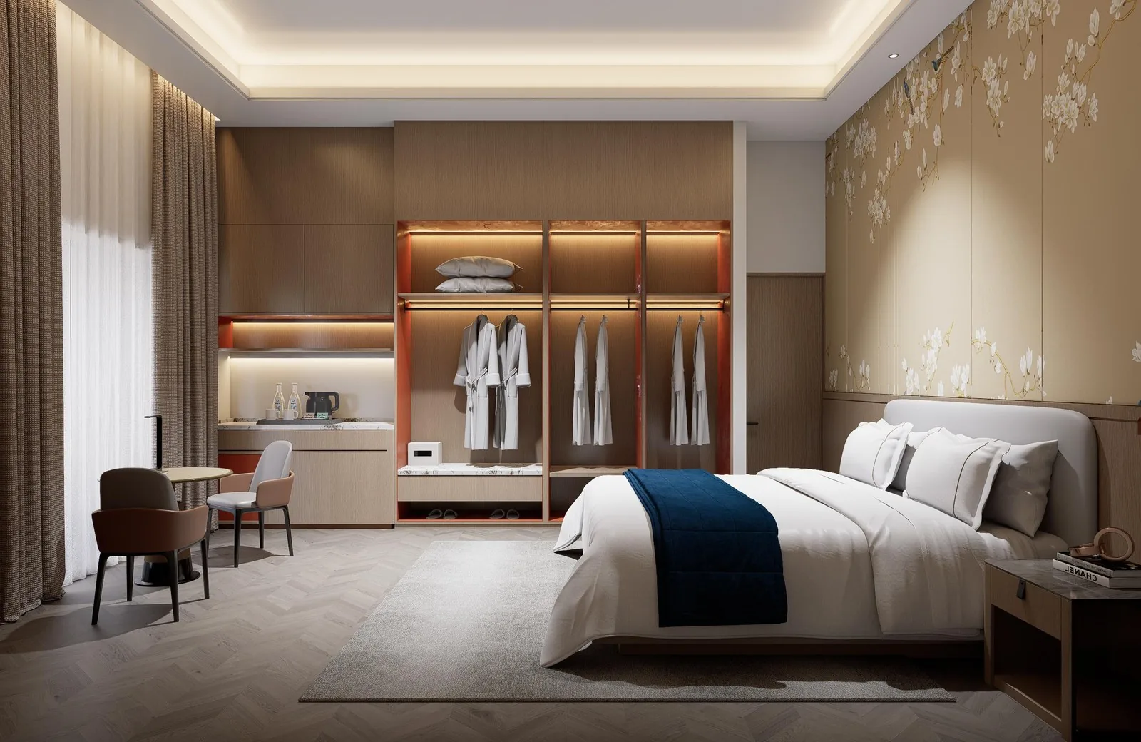 Hotel guest room with navy runner and lit wardrobe