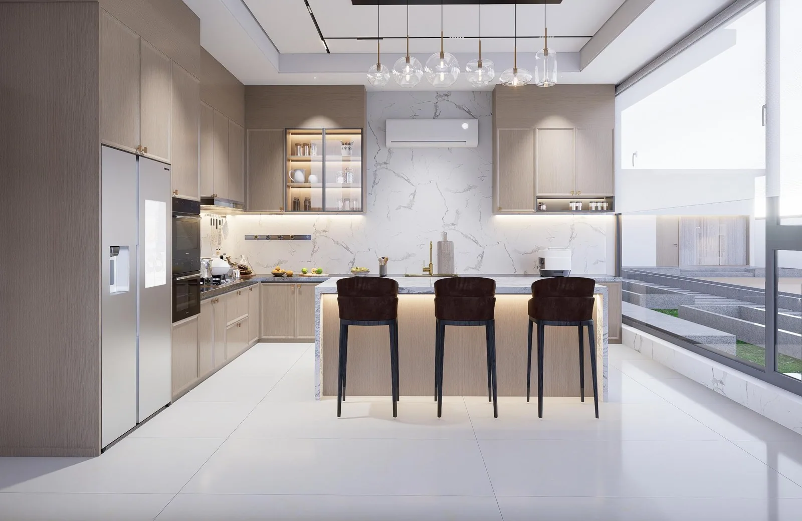 Hotel kitchen with marble island