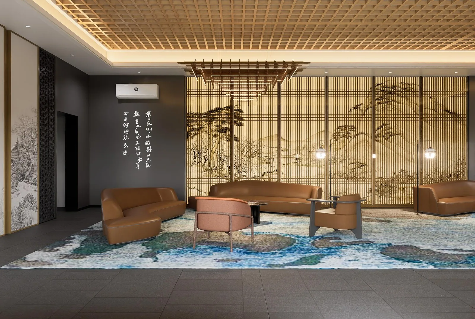 Hotel lounge with art walls and matched metalwork