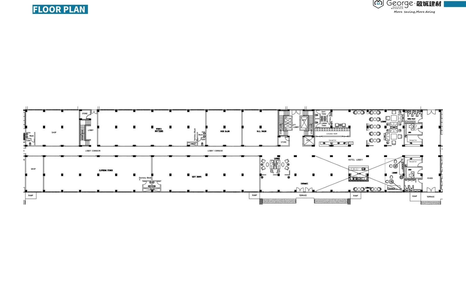 Ground floor plan of the Uganda hotel - lobby, coffee counter, restaurant, guest WCs, commercial kitchen