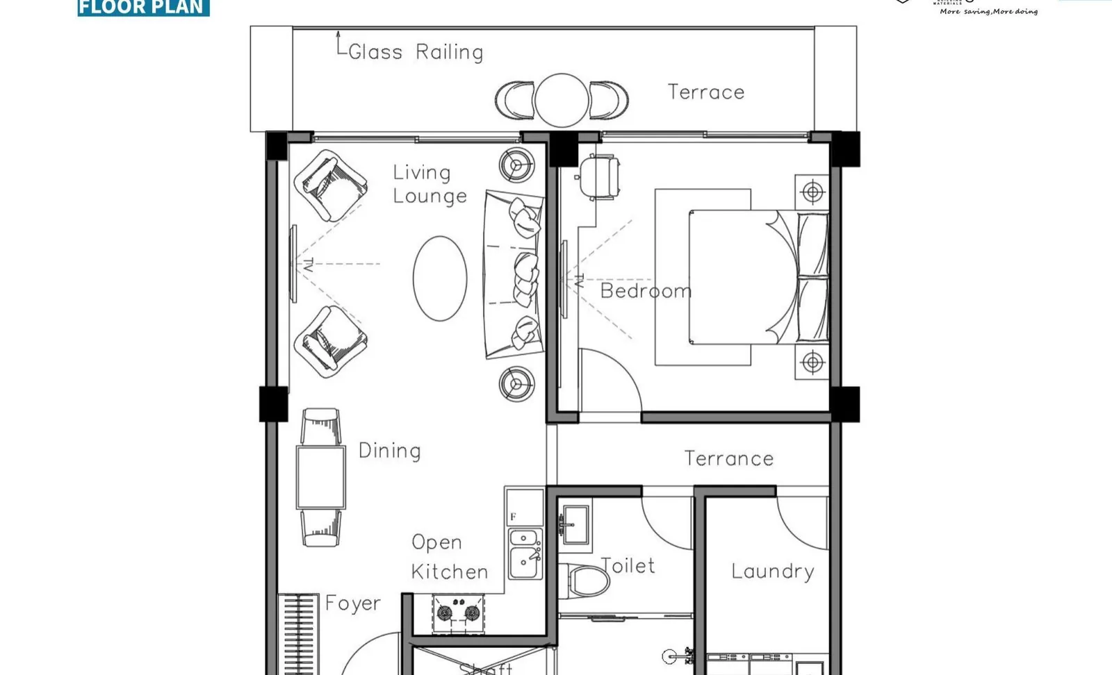 Guest suite floor plan of the Uganda hotel - living, bedroom, bath, laundry, terrace
