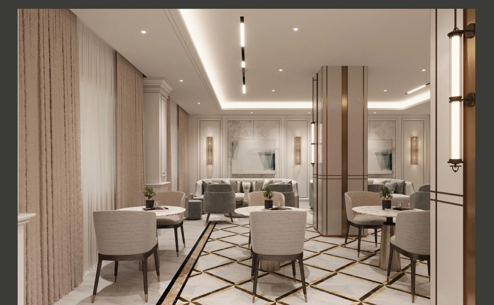 Hotel restaurant with table runs and patterned floor