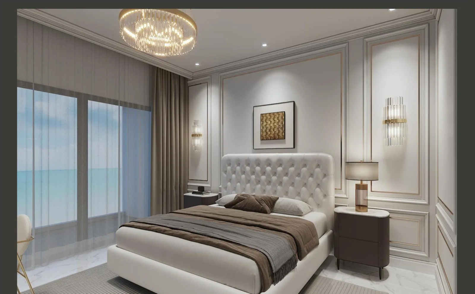 Hotel guest room with upholstered headboard and sea view