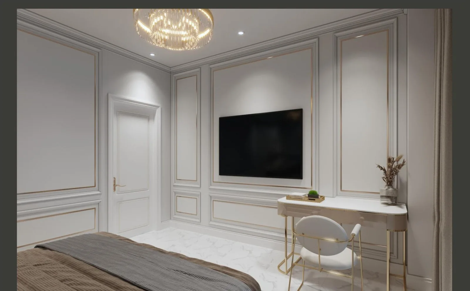 Hotel guest room with TV wall and panelling