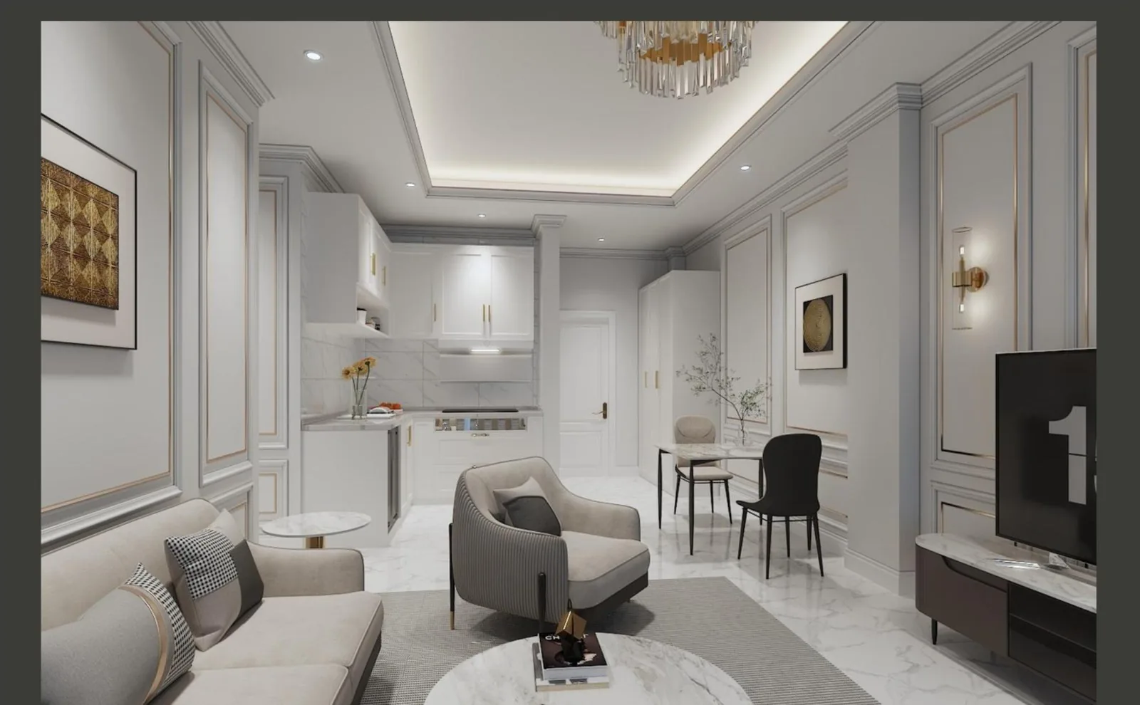 Hotel suite living room with wall panelling