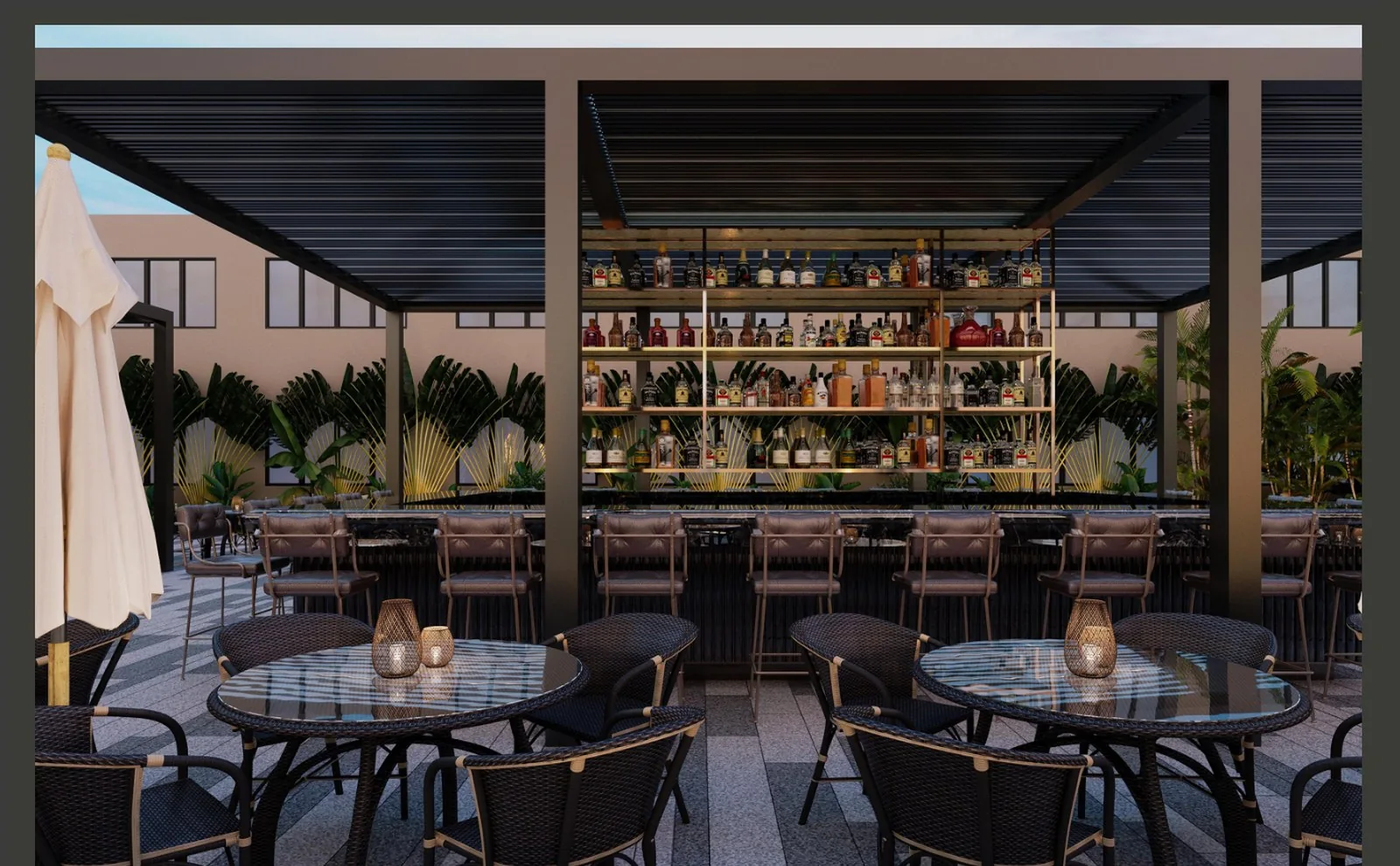 Outdoor bar terrace with pergola and planters