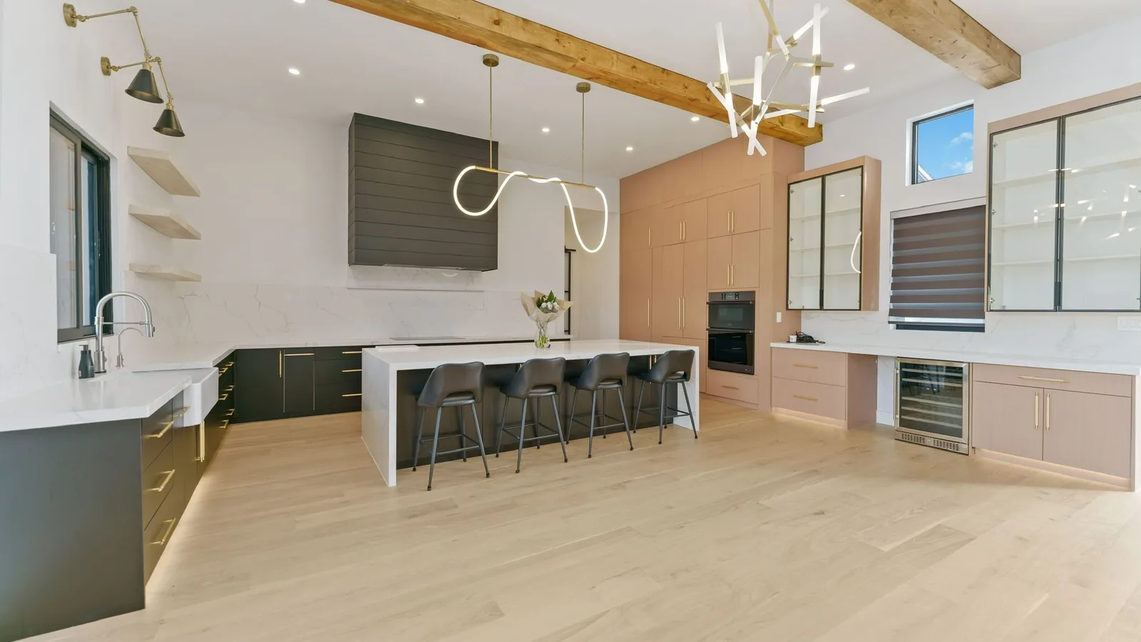 Farmhouse kitchen with shaker doors and beamed ceiling, US residence