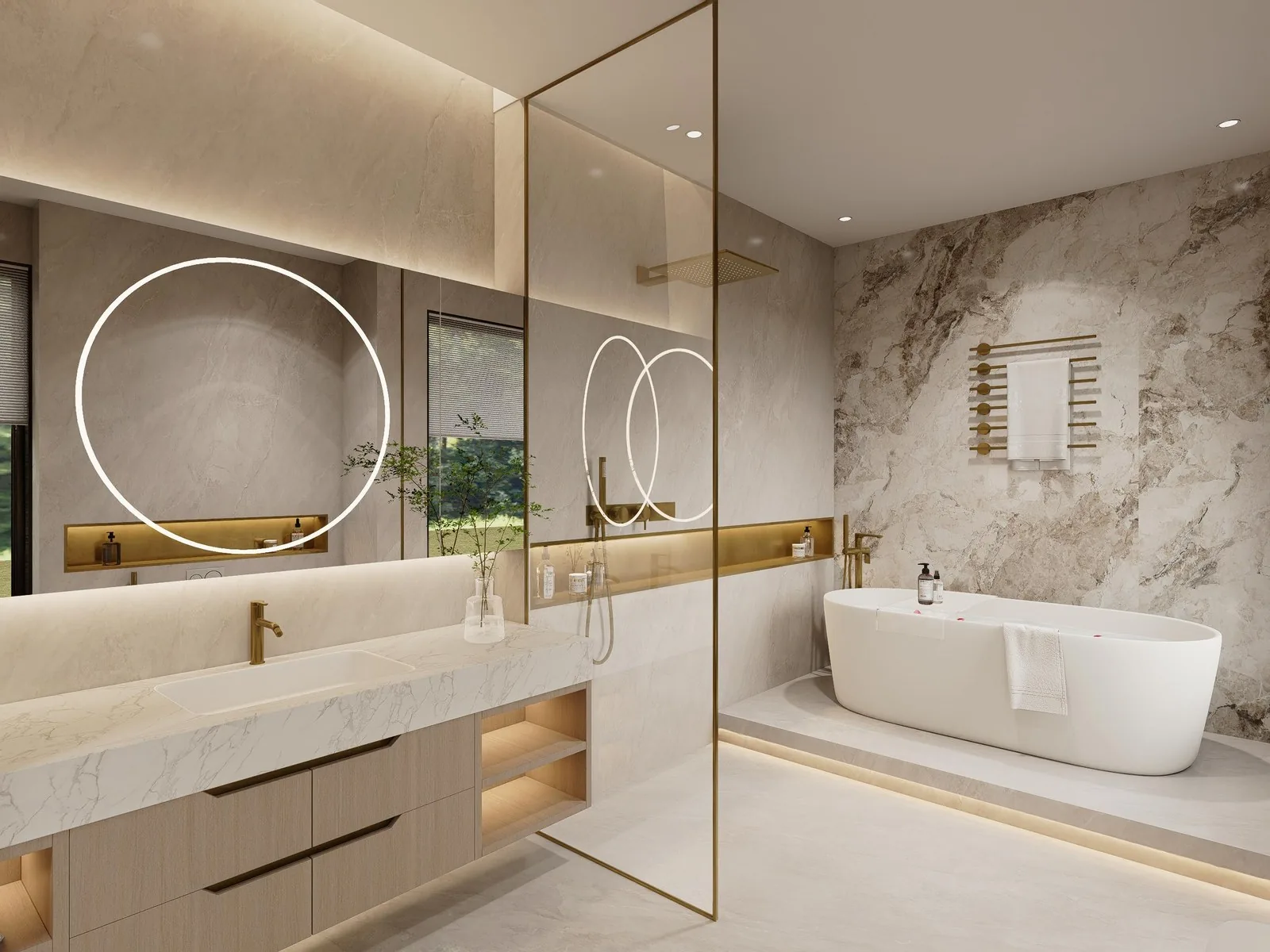 Double-sink run with backlit mirrors and a tub