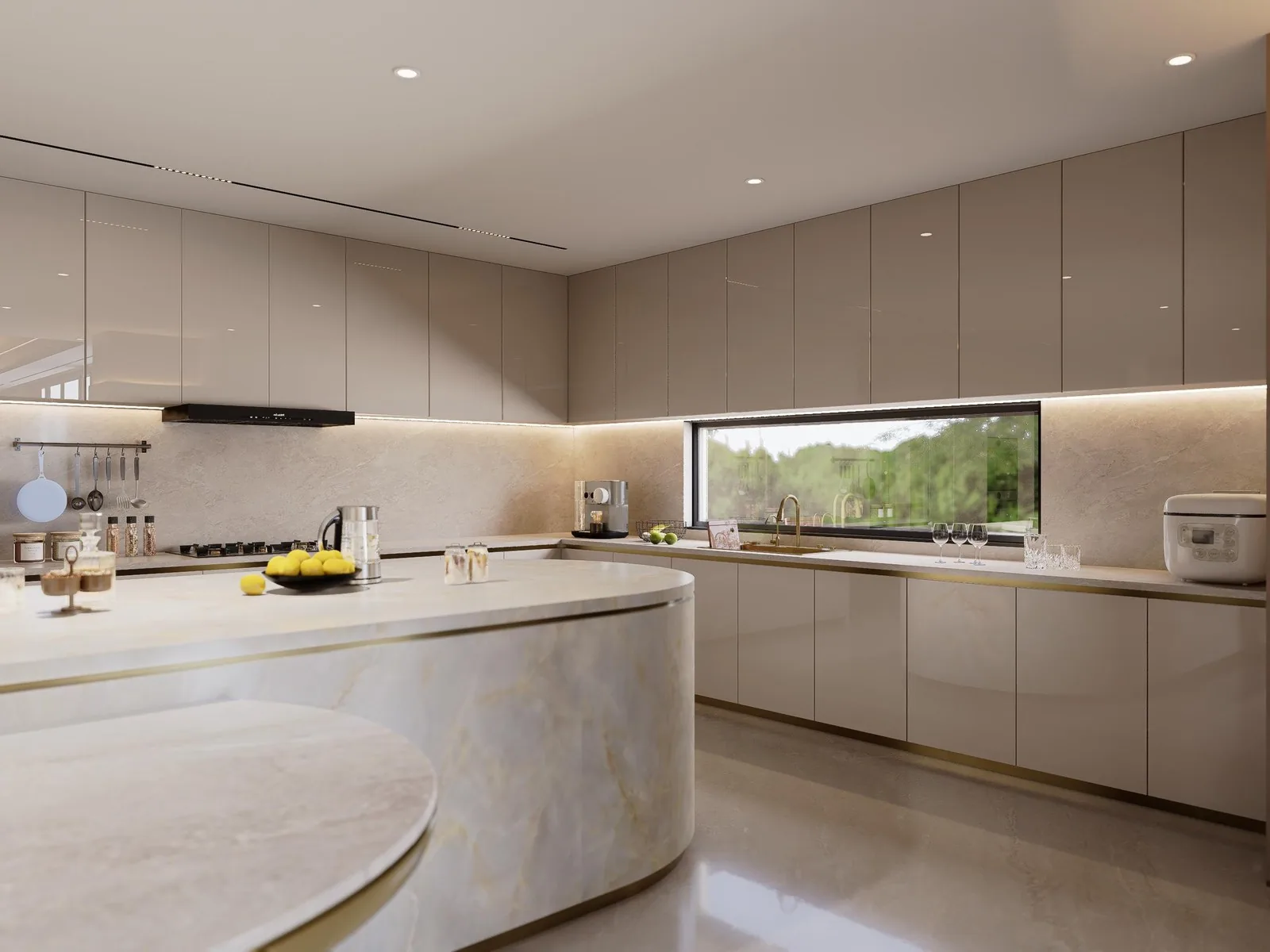 South Africa villa kitchen with curved stone island and cream lacquer fronts